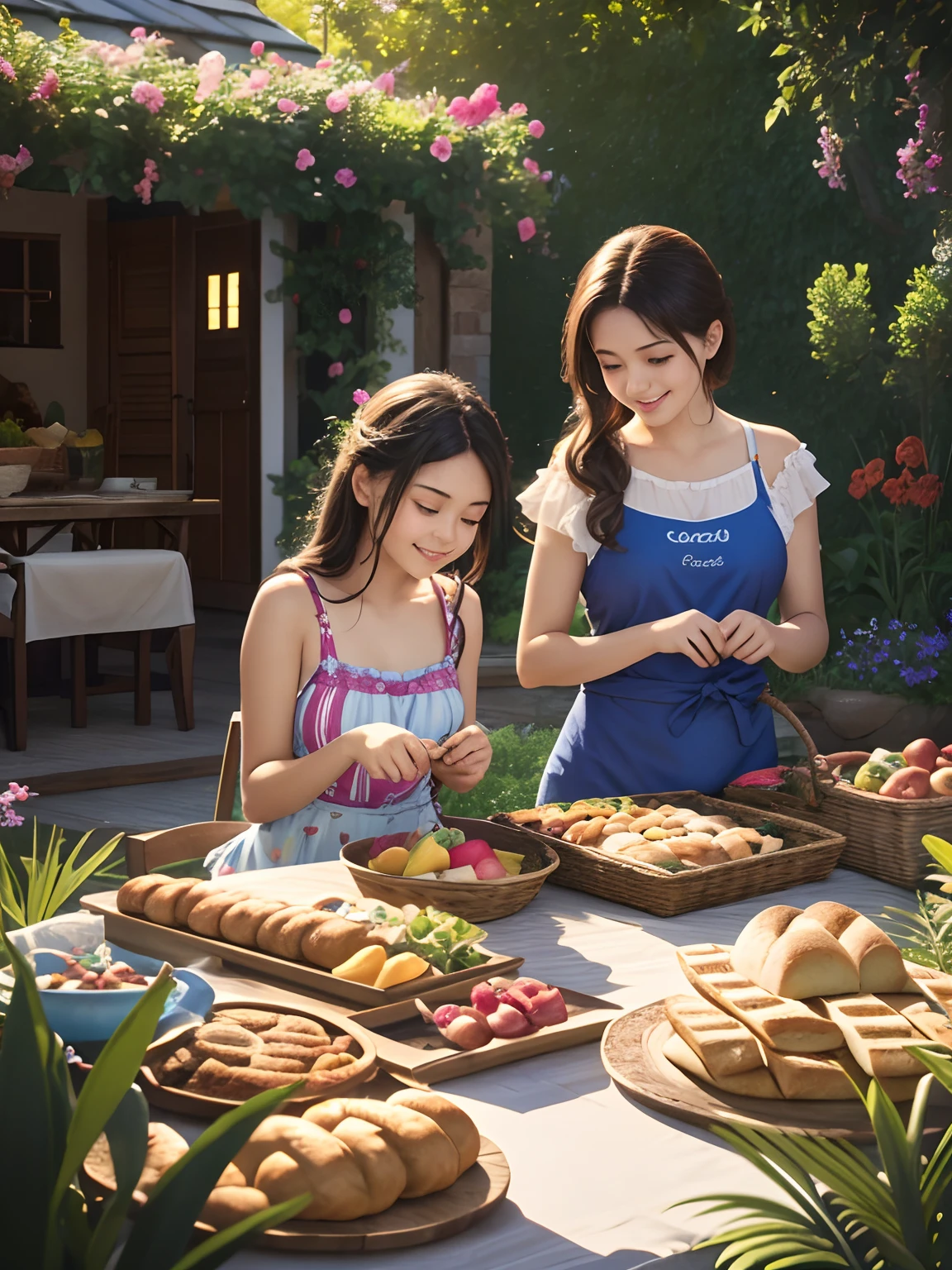 A girl baking bread with her sister in a sunny garden, a picnic with fresh fruits, pastries, sandwiches, and a variety of delicious food. They are wearing colourful swimsuits and enjoying the outdoor summer breeze. The girl has beautiful detailed eyes, long eyelashes, and her sister has stunning blue eyes. They are smiling and having fun while kneading dough and shaping bread. The garden is filled with vibrant flowers and lush greenery. The bread they bake is made with love and their skilled hands. The scene is captured with the best quality, 4k resolution, and ultra-detailed rendering to showcase every texture, color, and fine detail. The lighting is soft and natural, enhancing the warm and inviting atmosphere. The artwork has a realistic style with vibrant colors and a touch of bokeh to create a dreamy effect.
