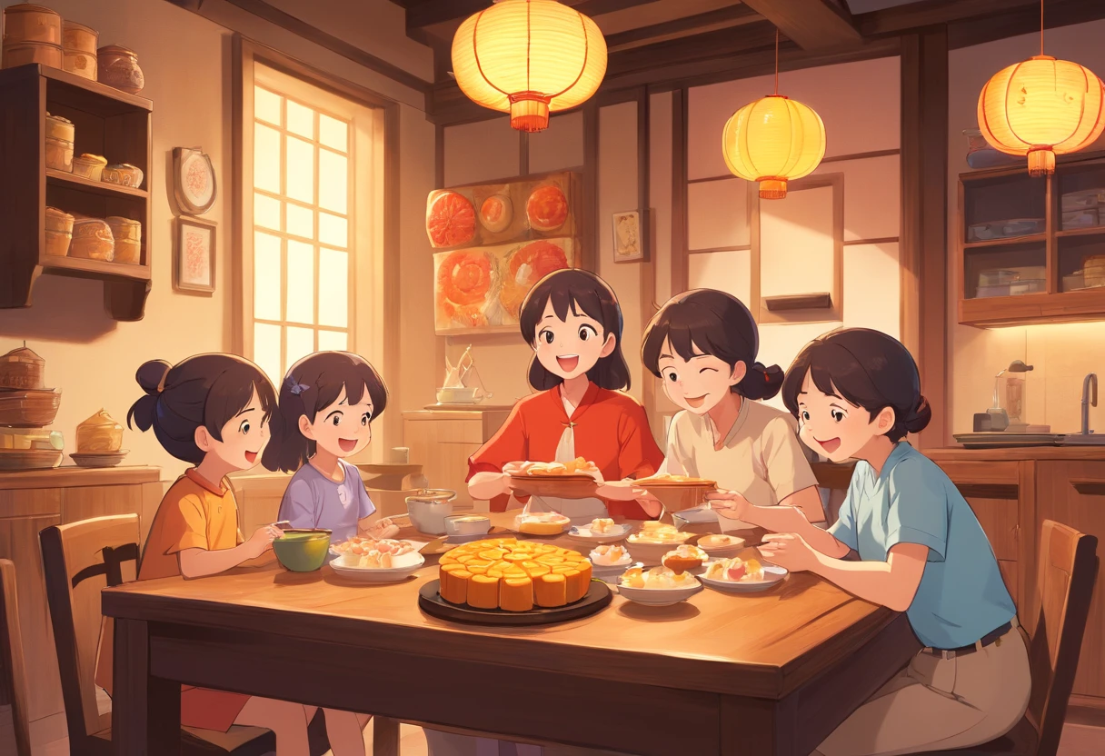 The whole family eats mooncakes at home,Mom and dad laugh with their children,modern,Stylish,colorful kids book illustration,Simple and clean graphics,White basemap,