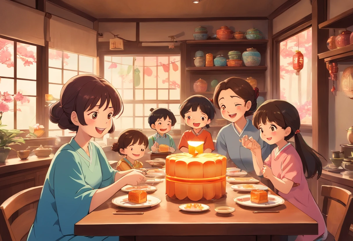 The whole family eats mooncakes at home，Mom and dad laugh with their children，modern，Stylish，colorful kids book illustration，Simple and clean graphics，White basemap，