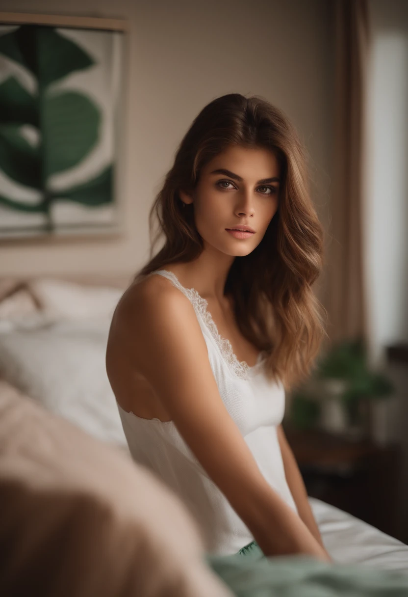 Arafed woman in green shorts and white bra, Sexy girl with brown eyes, Portrait of Kaia Gerber , brown hair and large eyes, selfie of a young woman, Eyes Bedroom , no makeup, natural makeup, looking straight at camera, face with artgram, fine makeup, Stunning full-length shot, in bedroom, cleavage