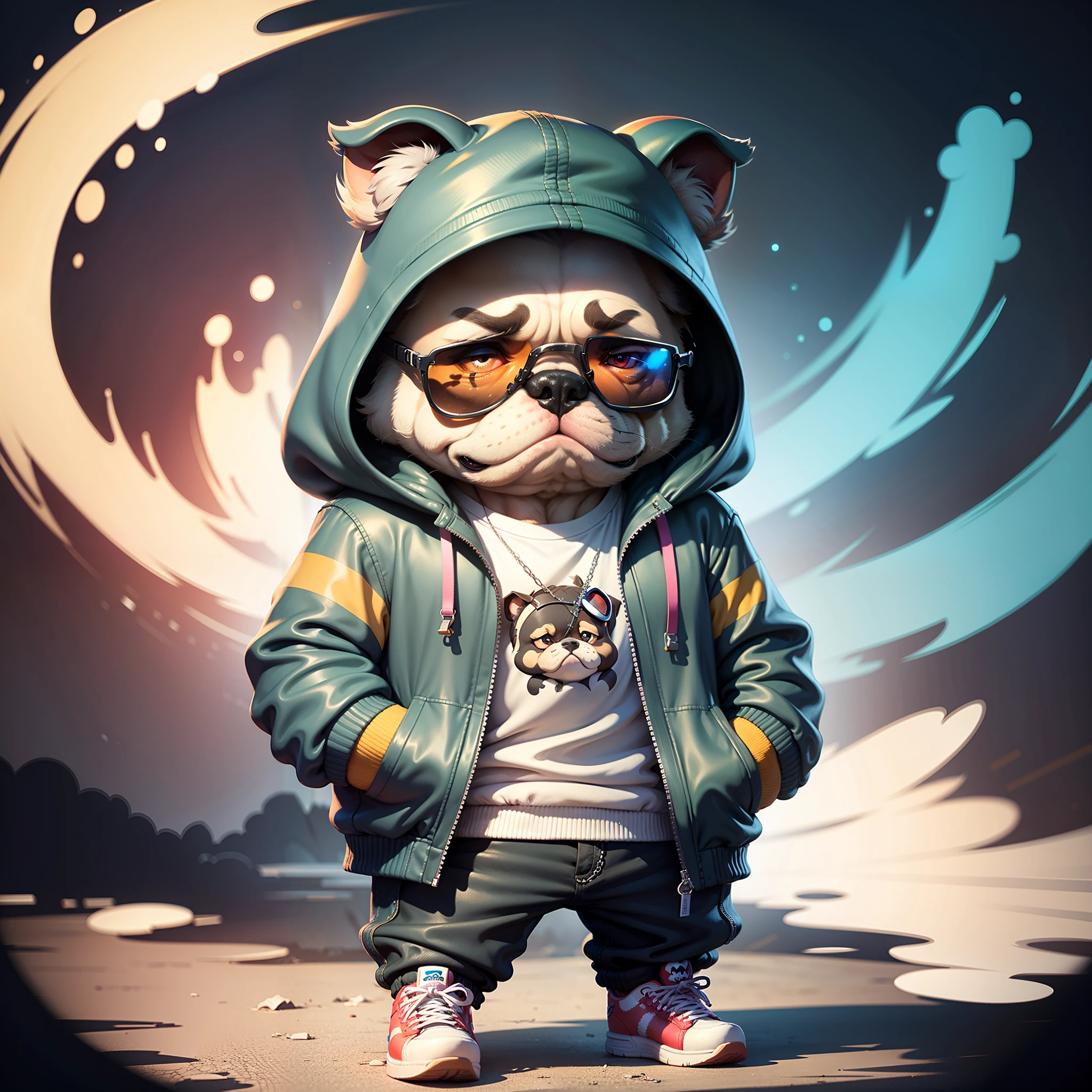 C4tt4stic, Cartoon rainbow face bulldog in jacket and skateboard、wears sunglasses、One photo