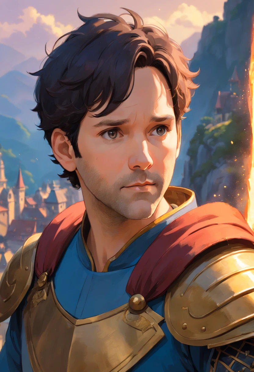 Close-up portrait photo of Paul Rudd, Modelshoot style, (the Extremely Detailed CG Unity 8K Wallpapers), Medieval armor, professional majestic oil painting by Ed Blinkey, Atey Ghailan, Studio Ghibli, By Jeremy Mann, Greg Manchess, Antonio Moro, ((Dusk 1)), Trending on ArtStation, Trending on CGSociety, Convoluted, high detailing, Sharp Focus, Dramatic, photorealistic painting art by midjourney and greg rutkowski