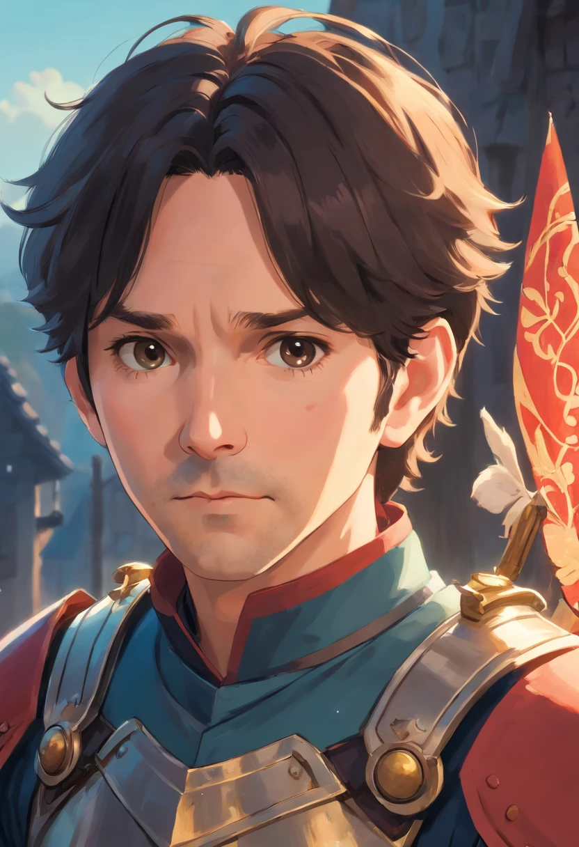 Close-up portrait photo of Paul Rudd, Modelshoot style, (the Extremely Detailed CG Unity 8K Wallpapers), Medieval armor, professional majestic oil painting by Ed Blinkey, Atey Ghailan, Studio Ghibli, By Jeremy Mann, Greg Manchess, Antonio Moro, ((Dusk 1)), Trending on ArtStation, Trending on CGSociety, Convoluted, high detailing, Sharp Focus, Dramatic, photorealistic painting art by midjourney and greg rutkowski