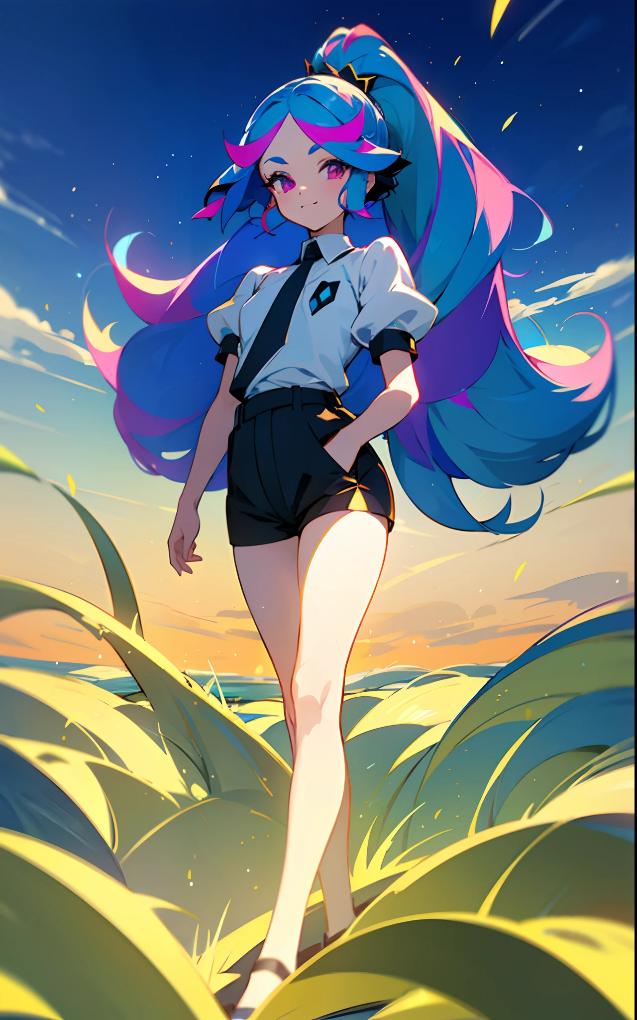 ((colourful, As detailed as possible, tmasterpiece)), A girl stands against the backdrop of a shining sky by the lake, 2 d anime style, flat anime style, in anime style, the anime, anime stylized, glass hair, Glowing Hair, portraite of a, Black Uniform, Strict costume, black necktie, white  shirt, puffy short sleeves, Shorts, Smile, puffy short sleeves, Puffy armbands, Shirt, short sleeve, sparkle, Lush eyelashes, The first girl with a high blue tail to her shoulders and a calm face, beatiful face, multi-colored hair, Hair gradient, hair color: Blue, Blue hair, Hair turns from blue to pink, blue high tail, (without bangs), curly curl on the cheek, Hairstyle: high ponytail, long tail, pink eyes, :3, Short eyebrows,, light background, natural light, vivid picture, Additional lighting, anime land of the lustrous, still from anime