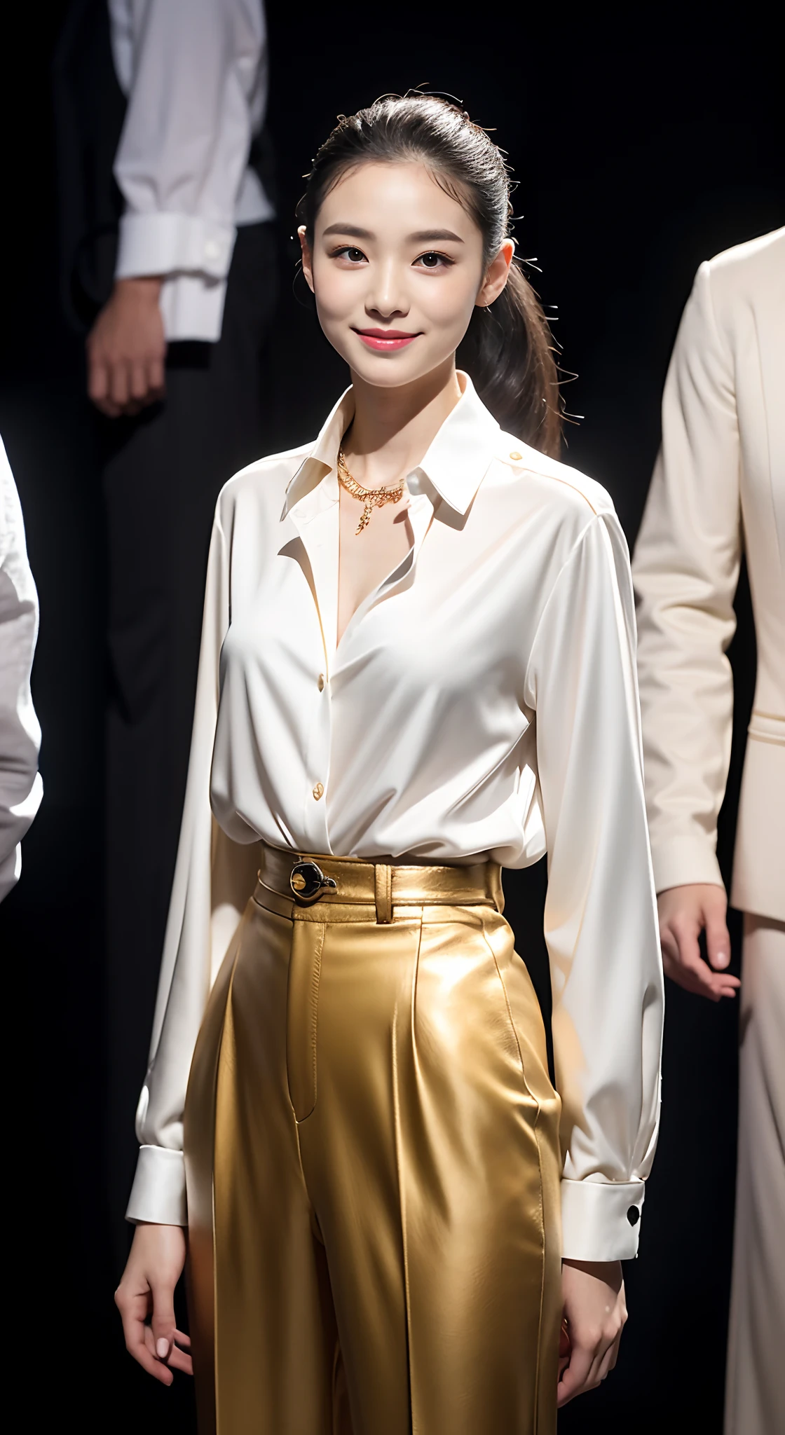 (8K分辨率,Full-body photos),(1womanl,age 22,((rosto magro,Flushed face,delicated face,详细的脸),Slightly squinted eyes,Seductive smile,(Single ponytail,Long hair micro-curls)),Fair smooth skin,(Best Skin Type:1.21),busty figure,((Bespoke slim suit,White shirt,No underwear,denim pant,Leather boots(High-grade materials,knitting,real silk,leathers),Thin band,Metal necklace,jewely),Tall and tall,(dancing posture,Naturally placed hands),delicate artwork,perfect hand,Ultra-fine clothing material),(Urban street background,Shuttling through the crowd,Exquisite setup details),(Professional lighting,Artistic lighting),((Dress neutrally,Material contrast,Fit contrast,Color contrast,Uniform tones,))),(Golden section,Cinema lenses,Hasselblad photograp,tmasterpiece:1.3),(advanced art,High-end streetwear,Official propaganda,Art platform)