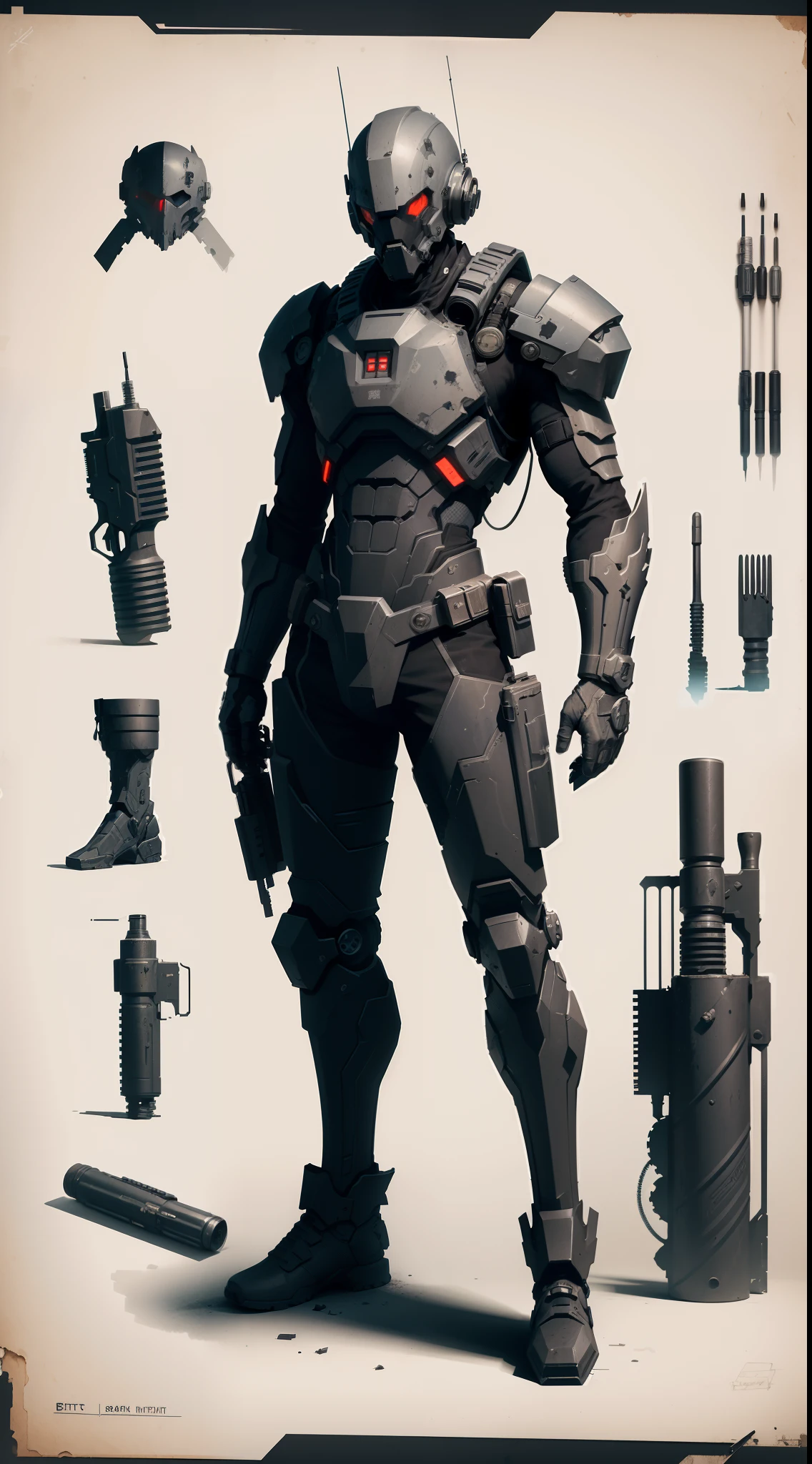 Game object GUn, bits of color, Sketch, hand drawn, dark, gritty, realistic sketch, Rough sketch, mix of bold dark lines and loose lines, bold lines, on paper, character sheet, humanoid, Full body covered in metal, slik, sci-fi, ghostly theme, (((items and gear listed on the side)))