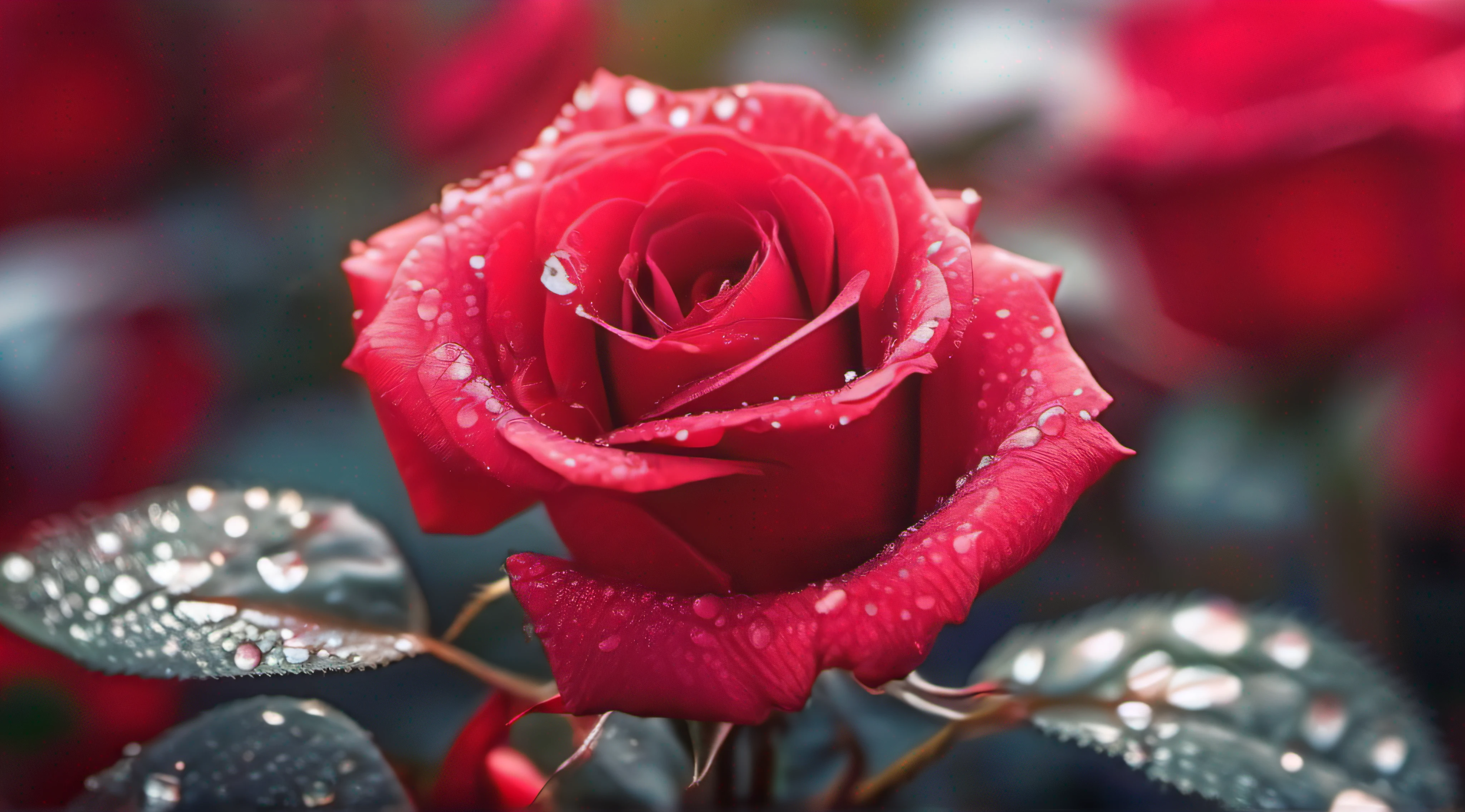 Many red roses flowers in the garden and sunlight with bokeh, dew drops on flower petals (masterpiece, ultra quality, high resolution, 8k, intricate: 1.2), (masterpiece), (best quality:1)