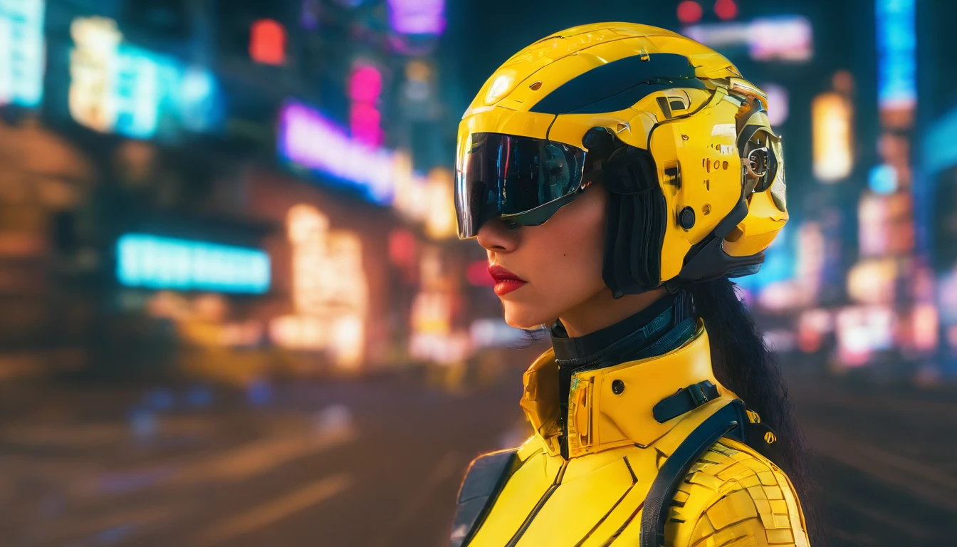 (yellow cyberpunk speed tactical suit:1) (1woman) dark theme :: focus on closeup face, serious face, cibetic visor, :: medium black hair,:: ultra realistic futuristic speedster scifi cyberpunk woman, black eyes, ((running in the middle of the street with yellow rays, cyberpunk, shadowrun, scifi high tech cyberpunk)) :: cool cyberpunk yellow speed combat suit :: natural lighting :: bokeh :: 8k :: best quality :: masterpiece :: insanely detailed:1.5