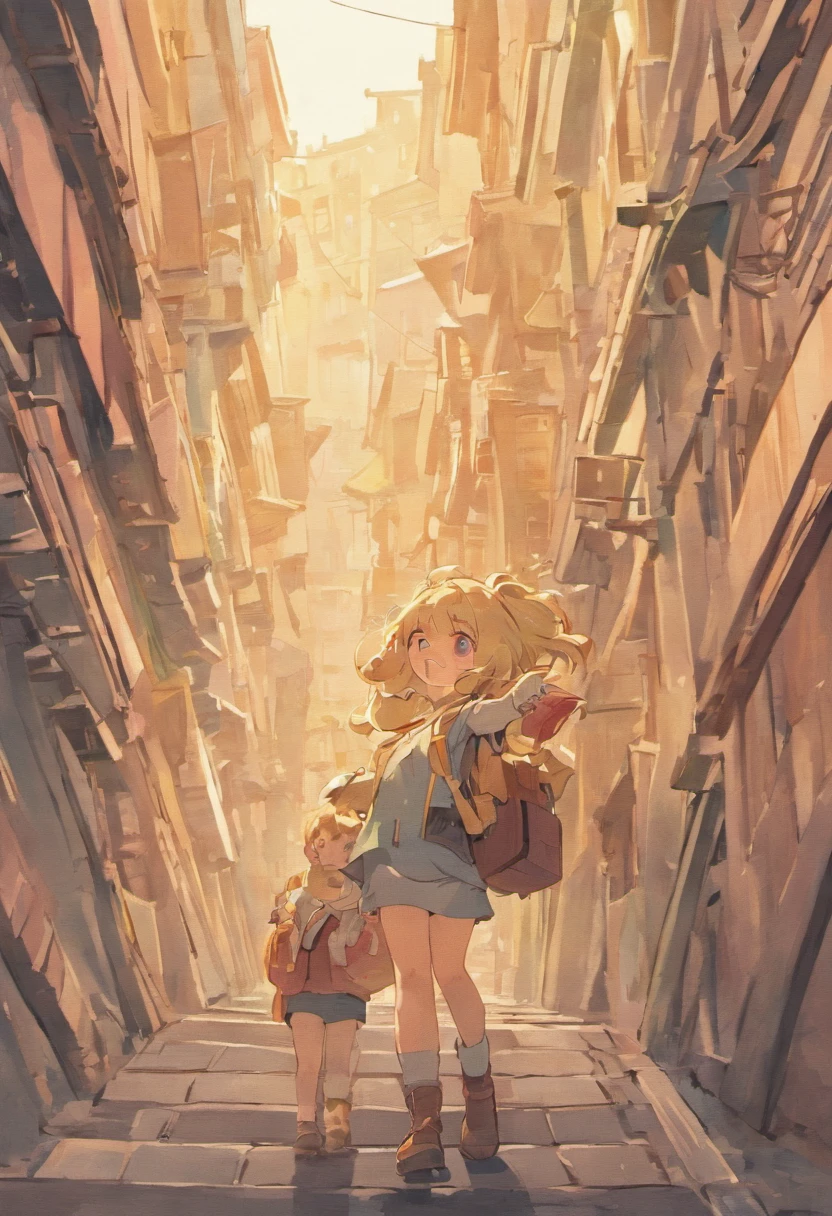 mignon petit explorateur, dans diverses poses et expressions sur un fond blanc, Children's book illustration style, simple, mignon, 6 ans, longs cheveux blonds raides avec queue de cheval et frange, pink short-sleeved shirt, Photos de jeans , Pas de ceinture, Pas de chapeau, Pas de livre, pas de lunettes, No backpack.