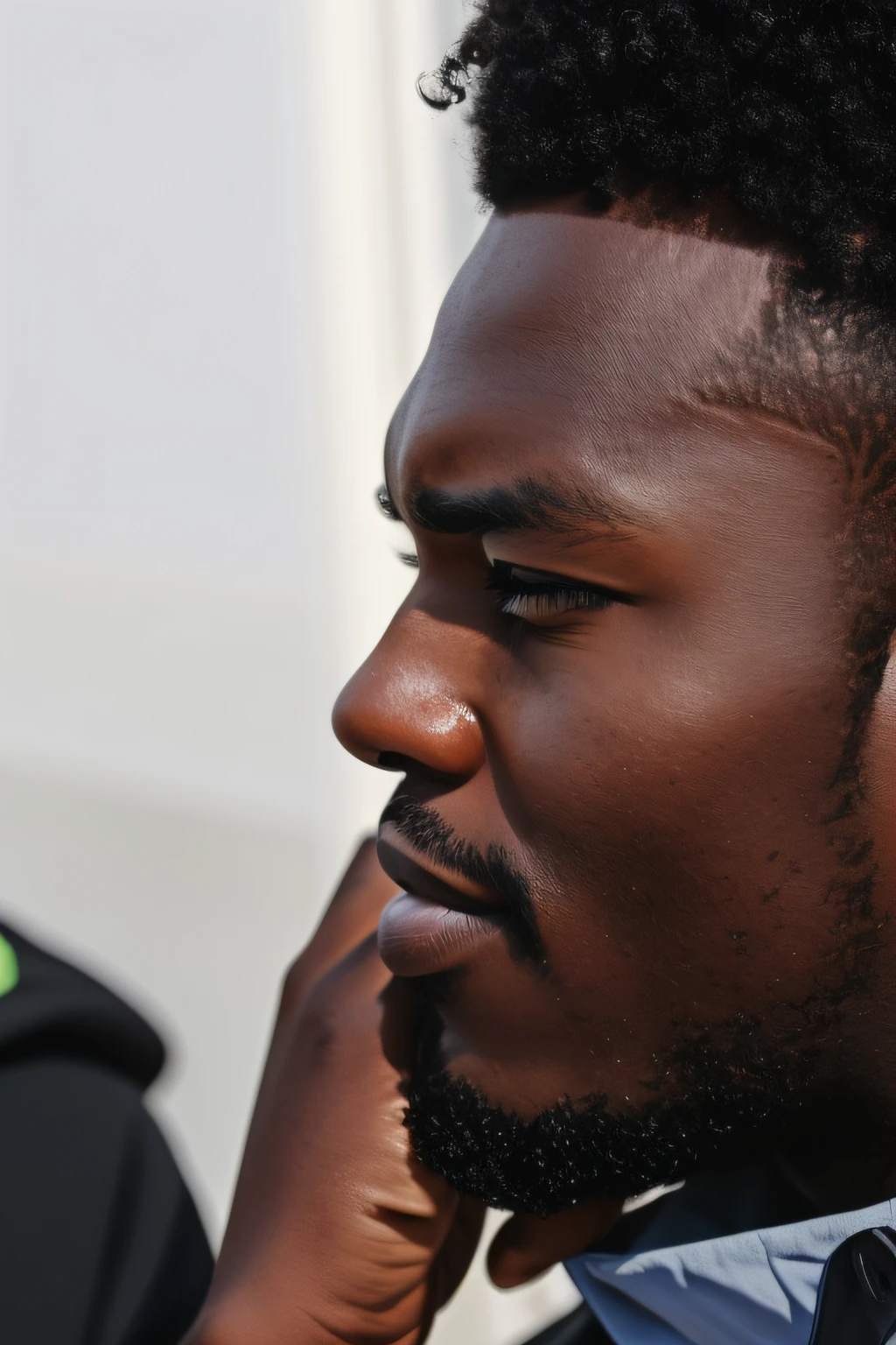 tem um homem de barba falando no celular, man is with black skin, foto de um homem, fechar - perfil para cima, rosto muito detalhado, em perfil,  candid portrait, Homem africano, fechar - perfil de cima face, African facial features, Foto de perfil, imagem de perto