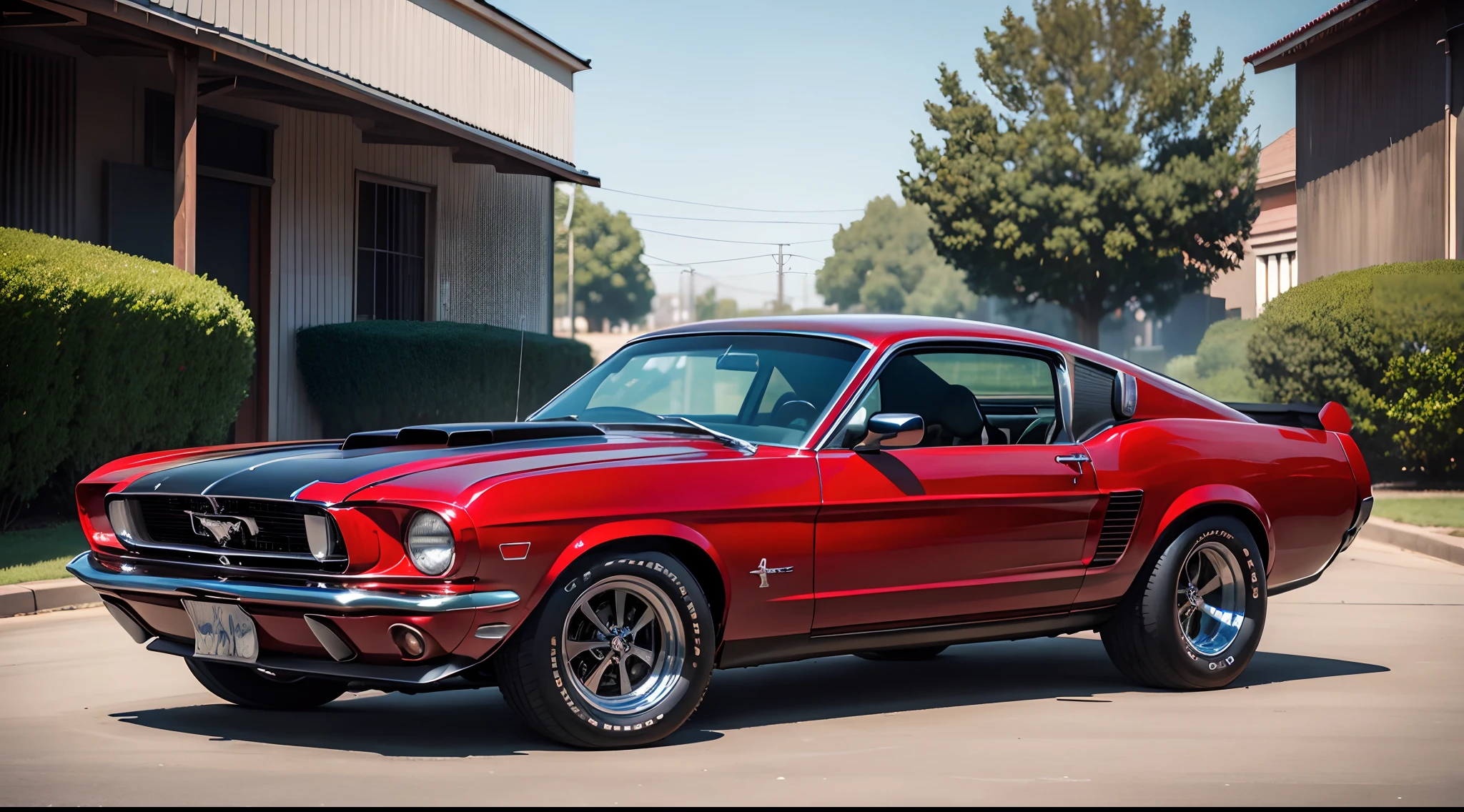 Classic Ford Mustang, All-American aura, bold and confident stance, three-quarter front view, zenith of muscle cars, meticulously restored vintage, American, hyperrealistic, glossy, shiny, chrome
