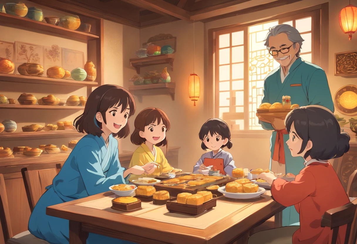 Stylish attire for the whole family，Eat mooncakes at home，Mom and dad laugh with their children，Furnished in a minimalist Nordic style，，colorful kids book illustration，Simple and clean graphics，White basemap，