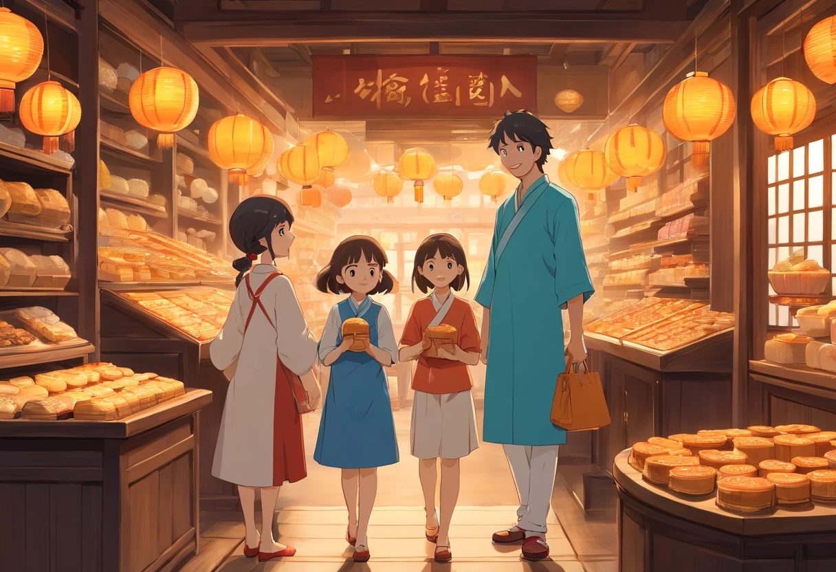 Stylish attire for the whole family,Eat mooncakes at home,Mom and dad laugh with their children,Furnished in a minimalist Nordic style,,colorful kids book illustration,Simple and clean graphics,White basemap,