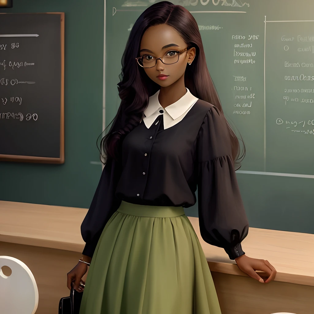 Green long skirt with dark skin,wears glasses,long whitr hair,Beautuful Women,quadratic element
