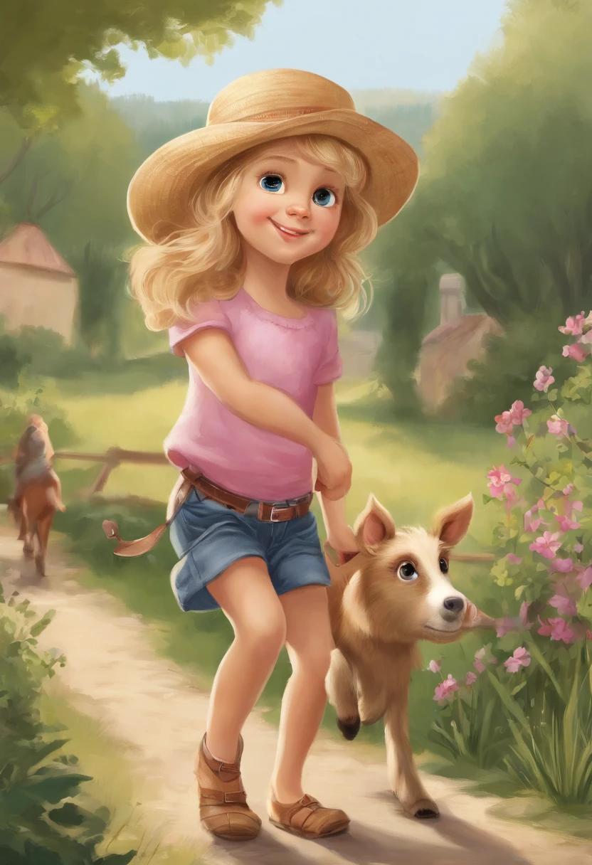 mignon petit explorateur, dans diverses poses et expressions sur un fond blanc, Children's book illustration style, simple, mignon, 6 ans, longs cheveux blonds raides avec queue de cheval et frange, pink short-sleeved shirt, Photos de jeans , Pas de ceinture, Pas de chapeau, Pas de livre, pas de lunettes, No backpack. pas manga