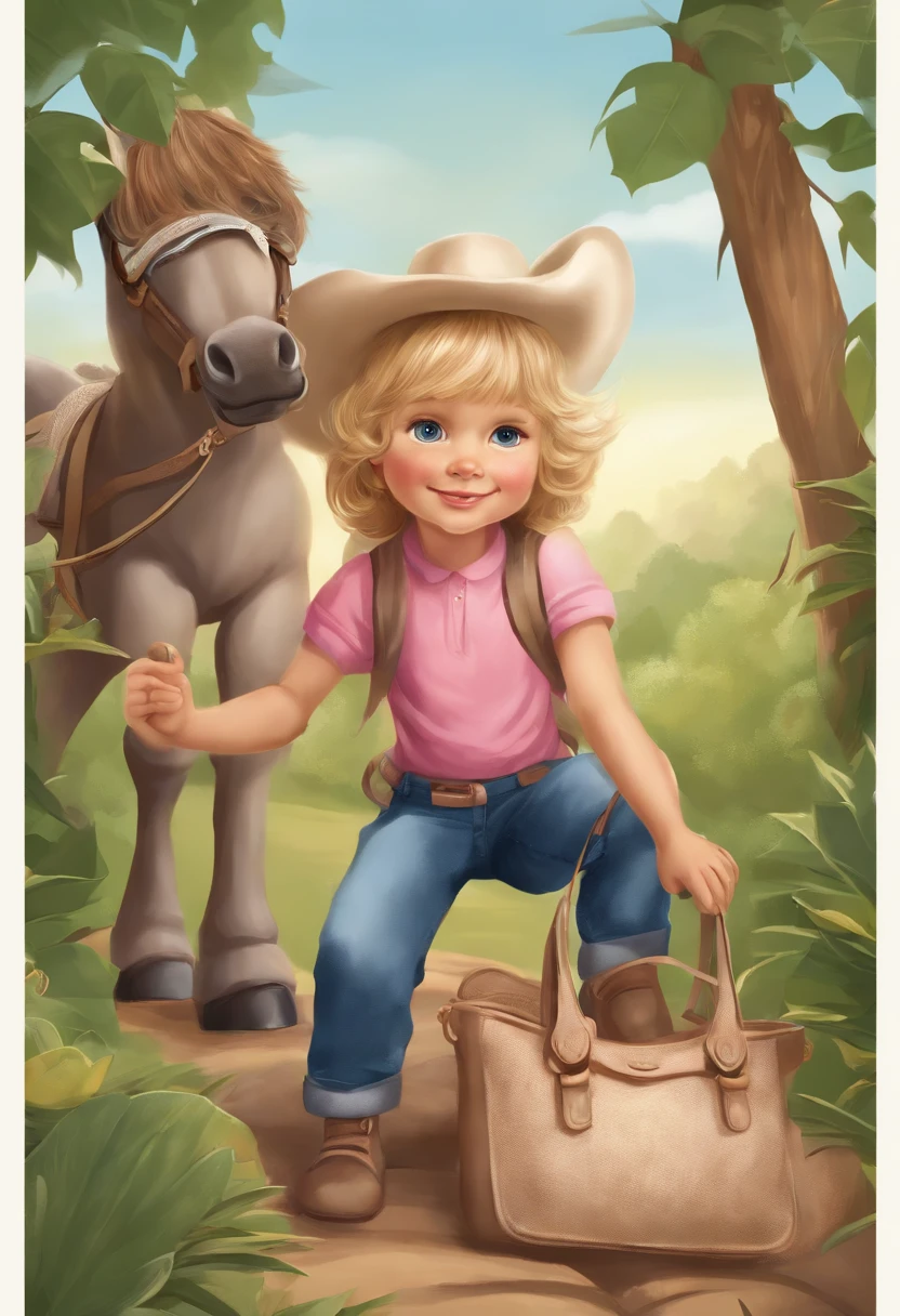mignon petit explorateur, dans diverses poses et expressions sur un fond blanc, Children's book illustration style, simple, mignon, 6 ans, longs cheveux blonds raides avec queue de cheval et frange, pink short-sleeved shirt, Photos de jeans , Pas de ceinture, Pas de chapeau, Pas de livre, pas de lunettes, No backpack. pas manga