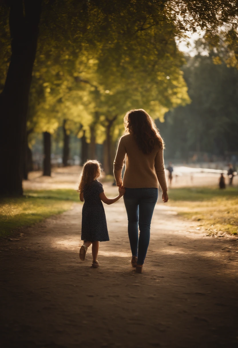 MAMA E HIJA EN UN PARQUE CONA RBBOLES EN UNA ESCENA DE AMOR