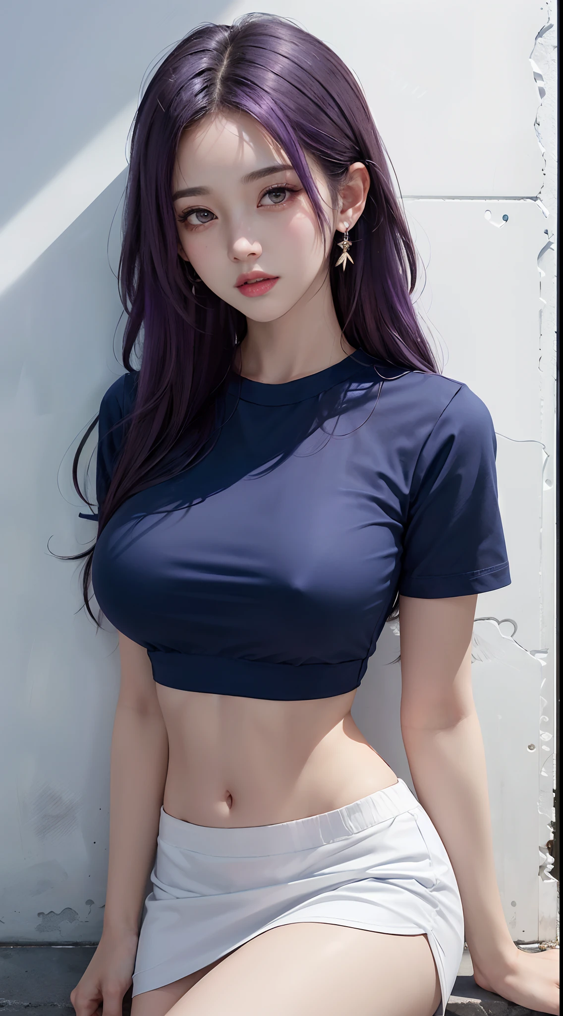best quality, ultra high resolution,light leaks,dynamic lighting,slender,kpop idol,(beautiful and detailed face:1),1 girl,purple hair,long_hair,(Round face:1.2),(round chin:1.2), (big breasts), is in front of the white wall, (blue short sleeve cleft top), white mini skirt), exposed navel, retro art style