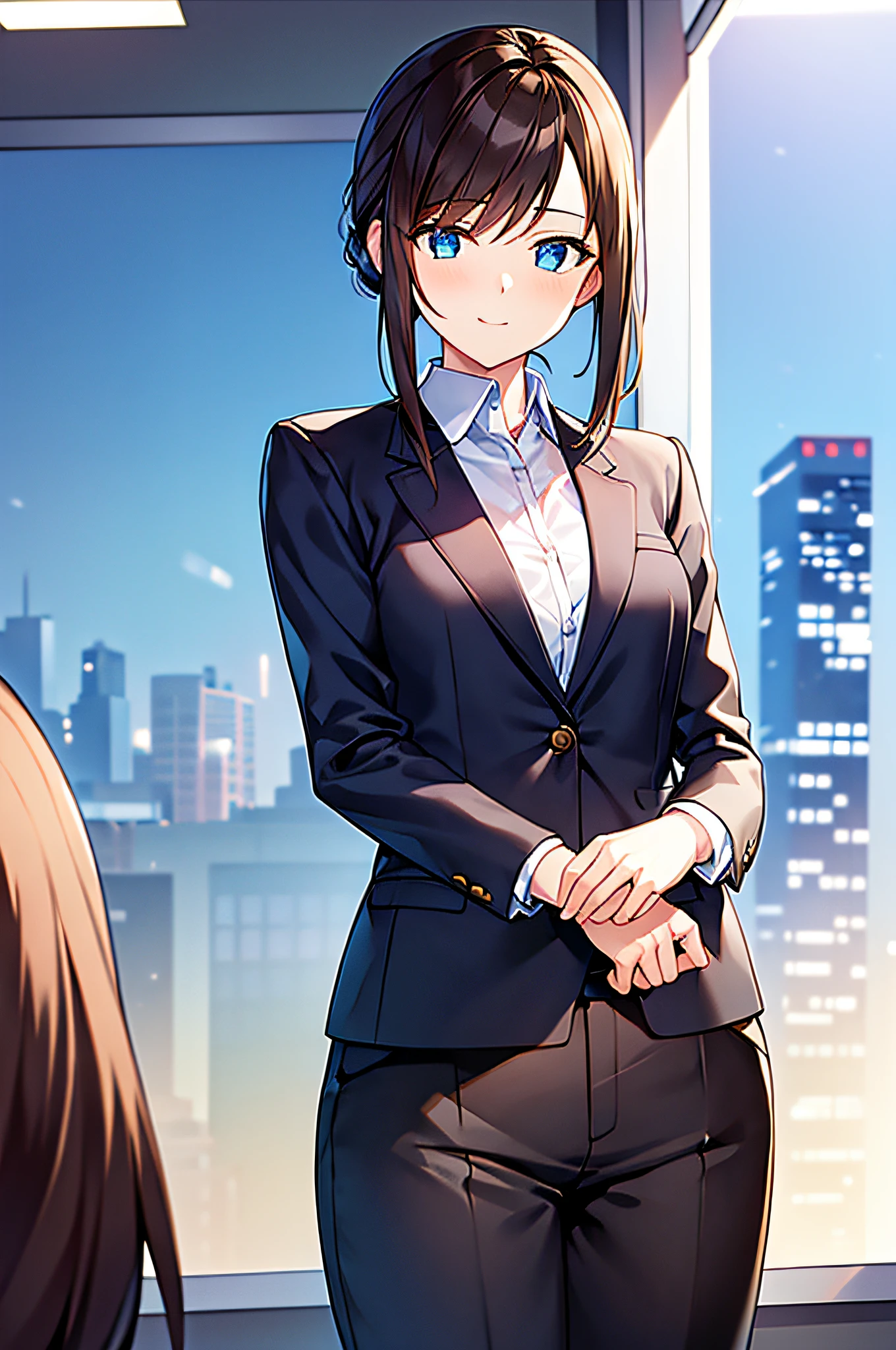 (masterpiece), best quality, expressive eyes, perfect face, half body, looking at viewer, dutch angle, cowboy shot, two women, one with dark brown hair with long pony tail hair, one with light brown hair with short hair, woman, wearing suits, blazer, long trousers, light smile, formal attire, normal look, not sexy look, small breasts, inside an office, window with city view in background, desk infront of the window