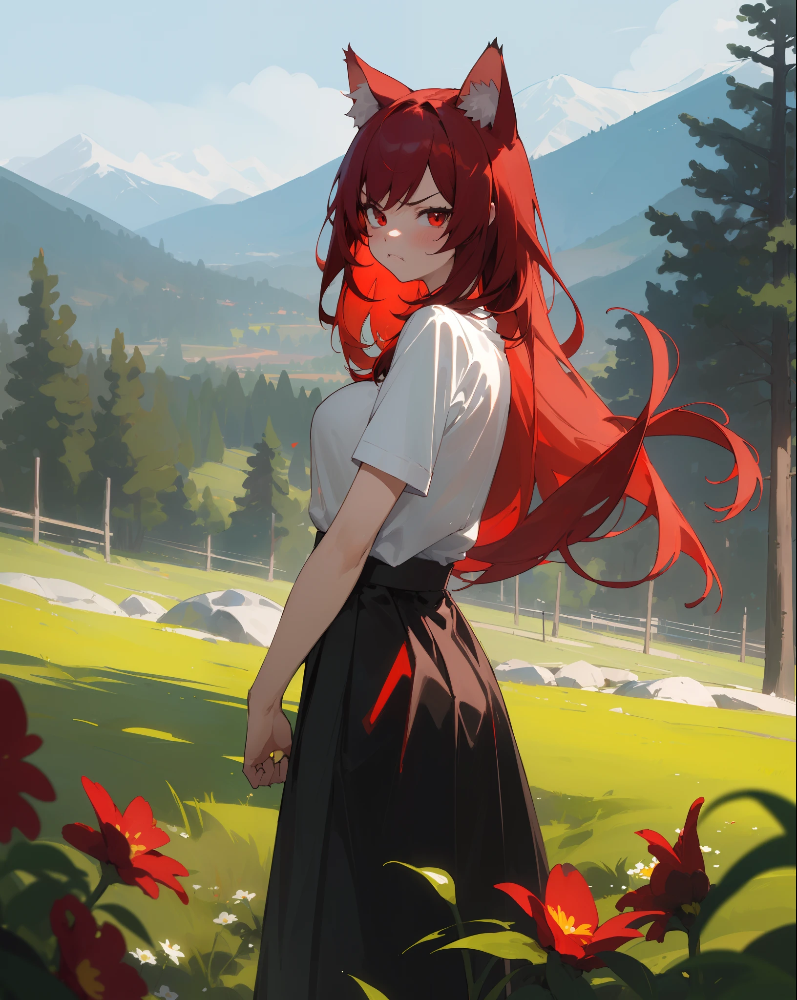 ((masterpiece,best quality)), day, flower,looking at viewer, looking back,outdoors,standing, trees,mountains, hills, forest,1girl ,20s,angry face,white shirt,black skirt,medium tits,red hair,long hair,red eyes,Cat ears,