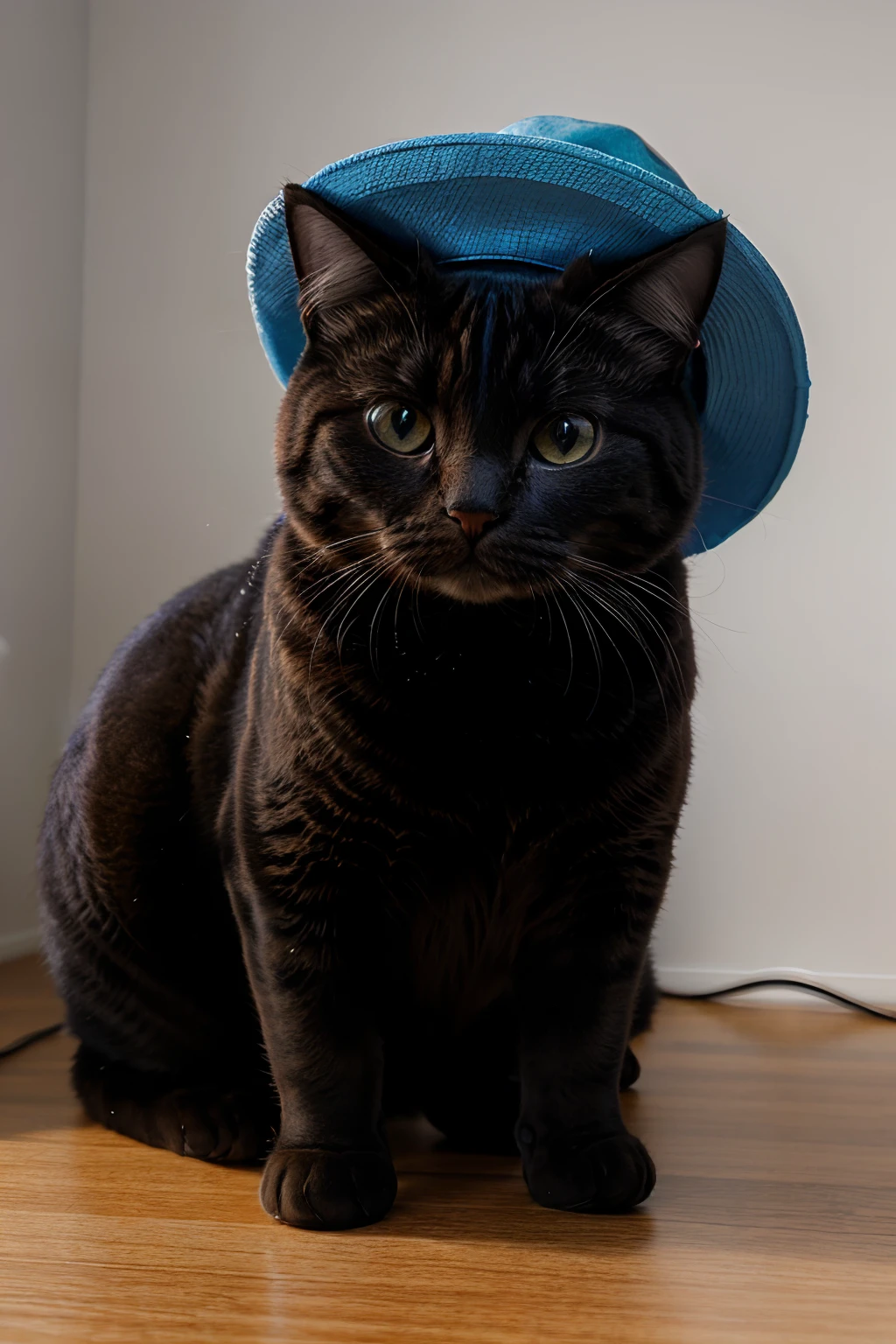 (best quality:1.33), (masterpiece:1.42), (realistic:1.24), (detailed:1.15), Cute furry and chubby cat with blue eyes, wearing a hat, . big eyes,,, volumetric lighting, global illumination, raytracing, detailed hyperrealism,