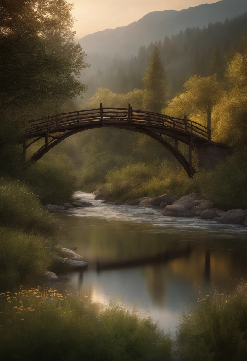 wooden easel bridges,similar in style,connecting mountain and river landscape,best quality,highres,ultra-detailed,realistic,landscape painting,natural colors,warm lighting,fine art,river reflection,towering mountains,foggy atmosphere,elegant design,peaceful and tranquil,harmony,serene water,subtle brushstrokes,ethereal beauty,soft sunlight,hidden paths,lush greenery,wildflowers blooming