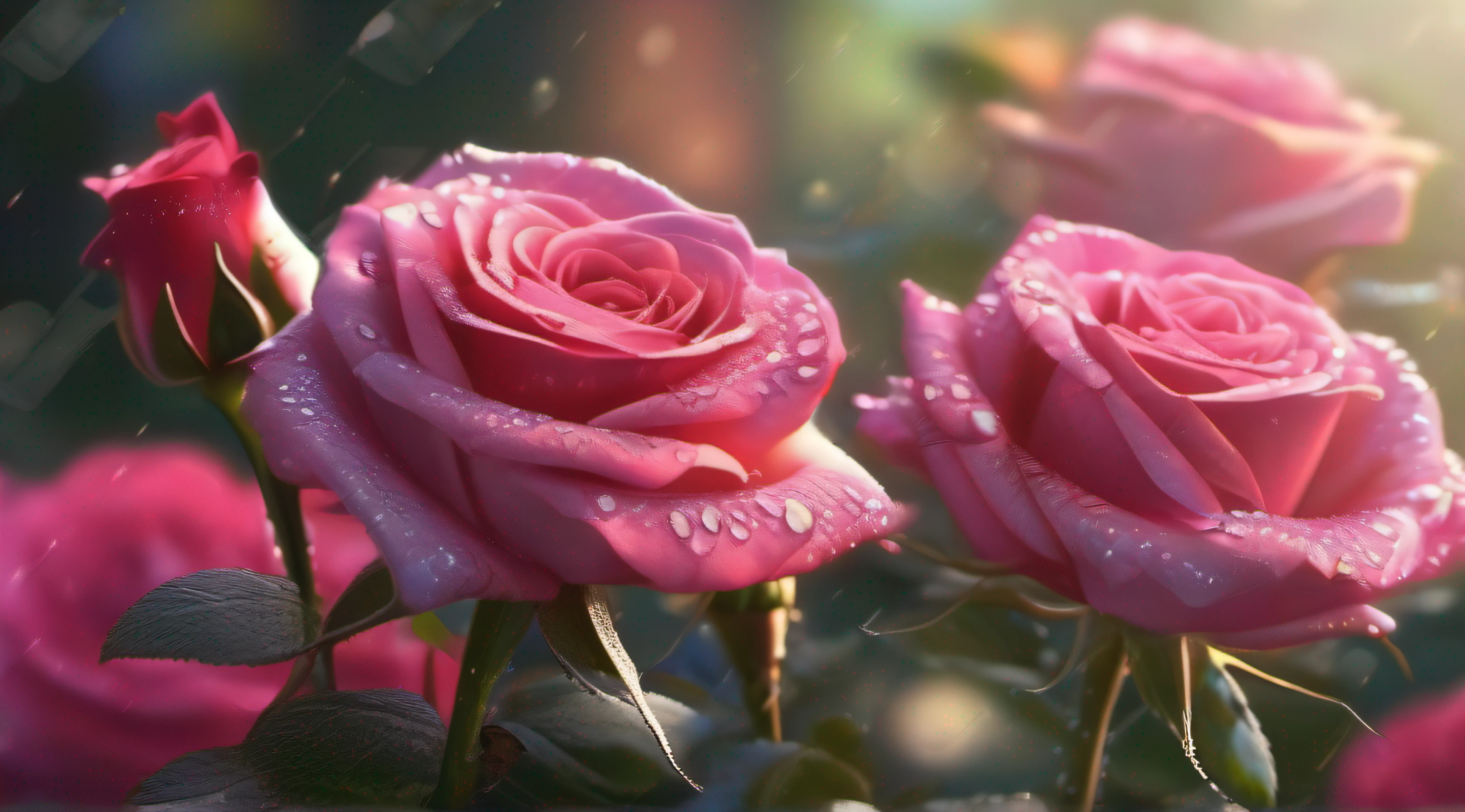 Many roses flowers in the garden and sunlight with bokeh, dew drops on flower petals (masterpiece, ultra quality, high resolution, 8k, intricate: 1.2), (masterpiece), (best quality:1)
