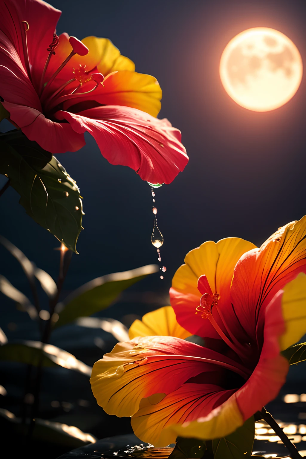 hibiscus Moon with water drops,neon glow, random background, sun rise, bokha mood