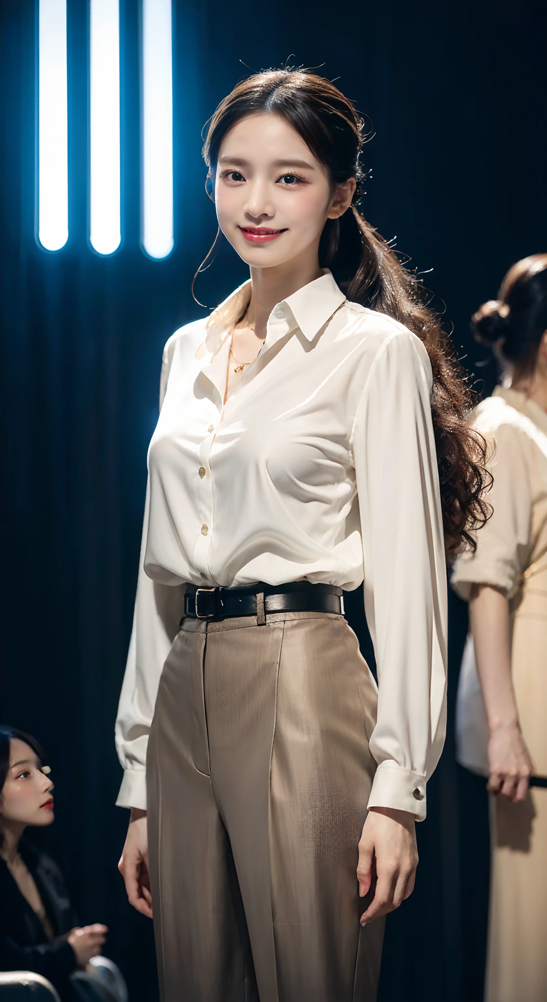 (8K分辨率,Full-body photos),(1womanl,age 22,((rosto magro,Flushed face,delicated face,详细的脸),Slightly squinted eyes,Seductive smile,(Single ponytail,Long hair micro-curls)),Fair smooth skin,(Best Skin Type:1.21),busty figure,((Bespoke slim suit,White shirt,No underwear,denim pant,Leather boots(High-grade materials,knitting,real silk,leathers),Thin band,Metal necklace,jewely),Tall and tall,(dancing posture,Naturally placed hands),delicate artwork,perfect hand,Ultra-fine clothing material),(Urban street background,Shuttling through the crowd,Exquisite setup details),(Professional lighting,Artistic lighting),((Dress neutrally,Material contrast,Fit contrast,Color contrast,Uniform tones,))),(Golden section,Cinema lenses,Hasselblad photograp,tmasterpiece:1.3),(advanced art,High-end streetwear,Official propaganda,Art platform)
