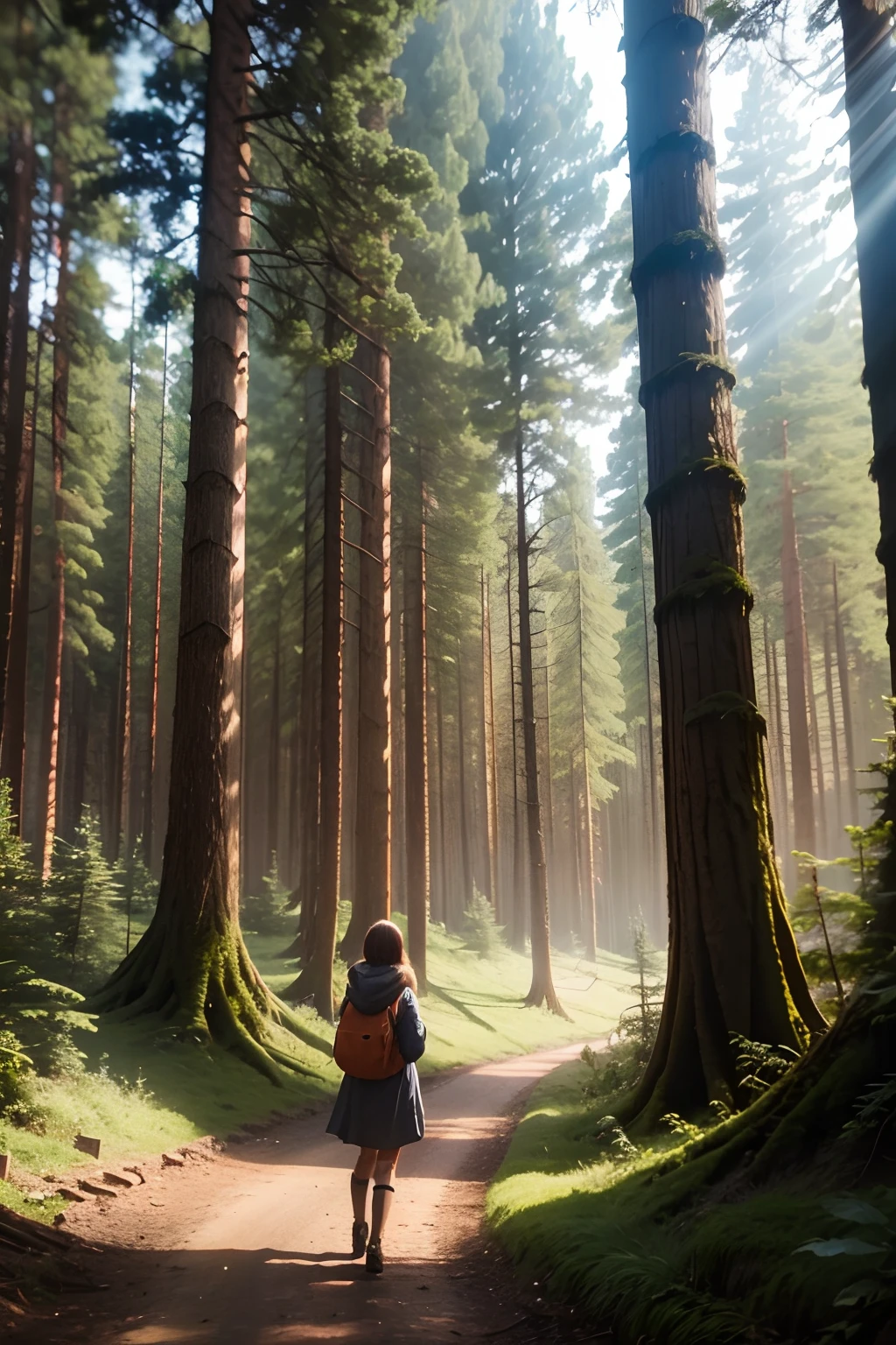 cute gril , forest, trees around, a big wolf in front, sunset, orange cloud, raining,
