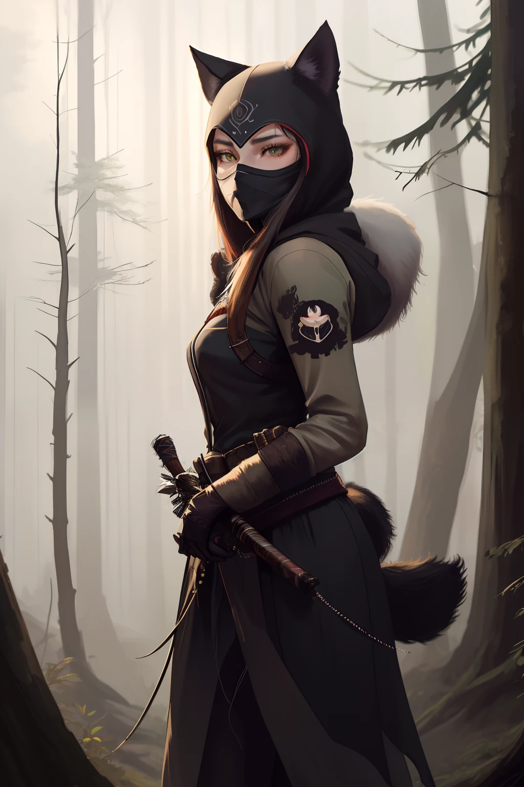 a woman in a cat mask and a hood holding a knife, forest hunter lady, portrait of female rogue, beautiful rogue lady, stunning character art, alena aenami and artgerm, female forest archer, female rogue, epic exquisite character art, female assassin, wojtek fus, beautiful character painting, beautiful female assassin, beautiful full body concept art
