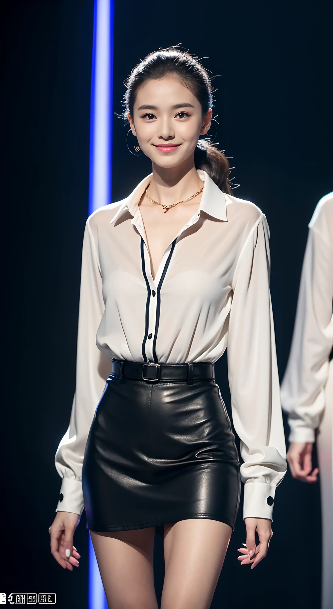 (8K分辨率,Full-body photos),(1womanl,age 22,((rosto magro,Flushed face,delicated face,详细的脸),Slightly squinted eyes,Seductive smile,(Single ponytail,Long hair micro-curls)),Fair smooth skin,(Best Skin Type:1.21),busty figure,((Bespoke slim suit,White shirt,No underwear,denim pant,Leather boots(High-grade materials,knitting,real silk,leathers),Thin band,Metal necklace,jewely),Tall and tall,(dancing posture,Naturally placed hands),delicate artwork,perfect hand,Ultra-fine clothing material),(Urban street background,Shuttling through the crowd,Exquisite setup details),(Professional lighting,Artistic lighting),((Dress neutrally,Material contrast,Fit contrast,Color contrast,Uniform tones,))),(Golden section,Cinema lenses,Hasselblad photograp,tmasterpiece:1.3),(advanced art,High-end streetwear,Official propaganda,Art platform)