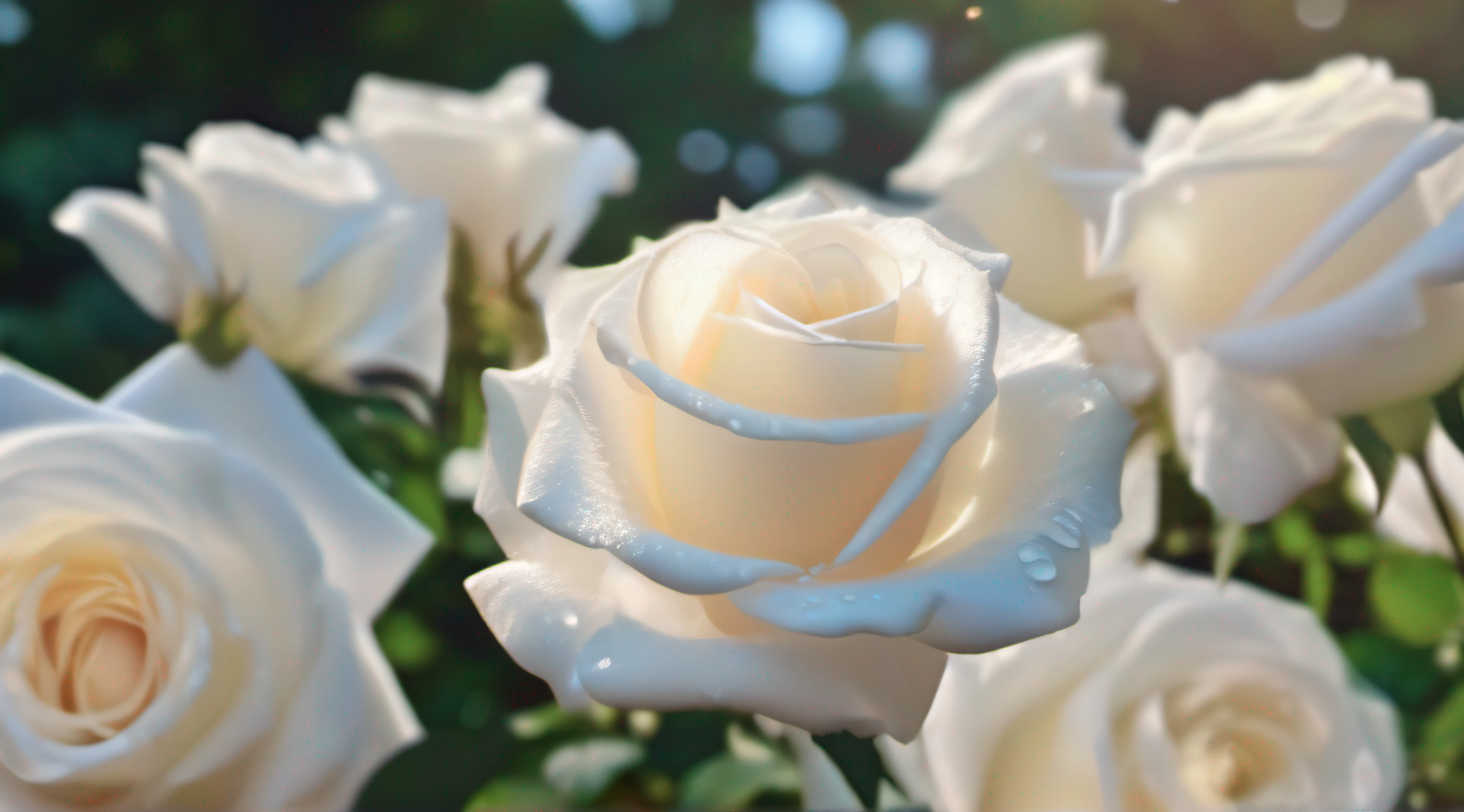 Many white roses flowers in the garden and sunlight with bokeh, dew drops on flower petals (masterpiece, ultra quality, high resolution, 8k, intricate: 1.2), (masterpiece), (best quality:1)