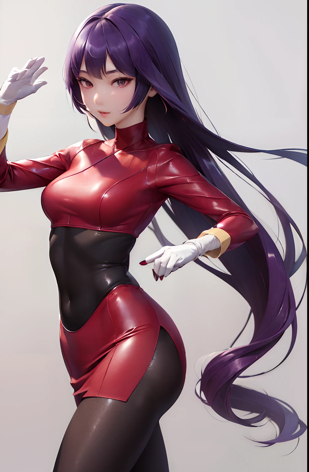 (​masterpiece、top-quality:1.2)、1girl in、独奏、sabrina、A pokémon、length hair、purple color  hair、bluntbangs、red eyes、Red Sweater Dress、(white glove:1.2)、Black sash、(Black Leggings:1.1)、(body suit:1.1)、((pantyhose))、(high-heels)、simple background、((opening legs))