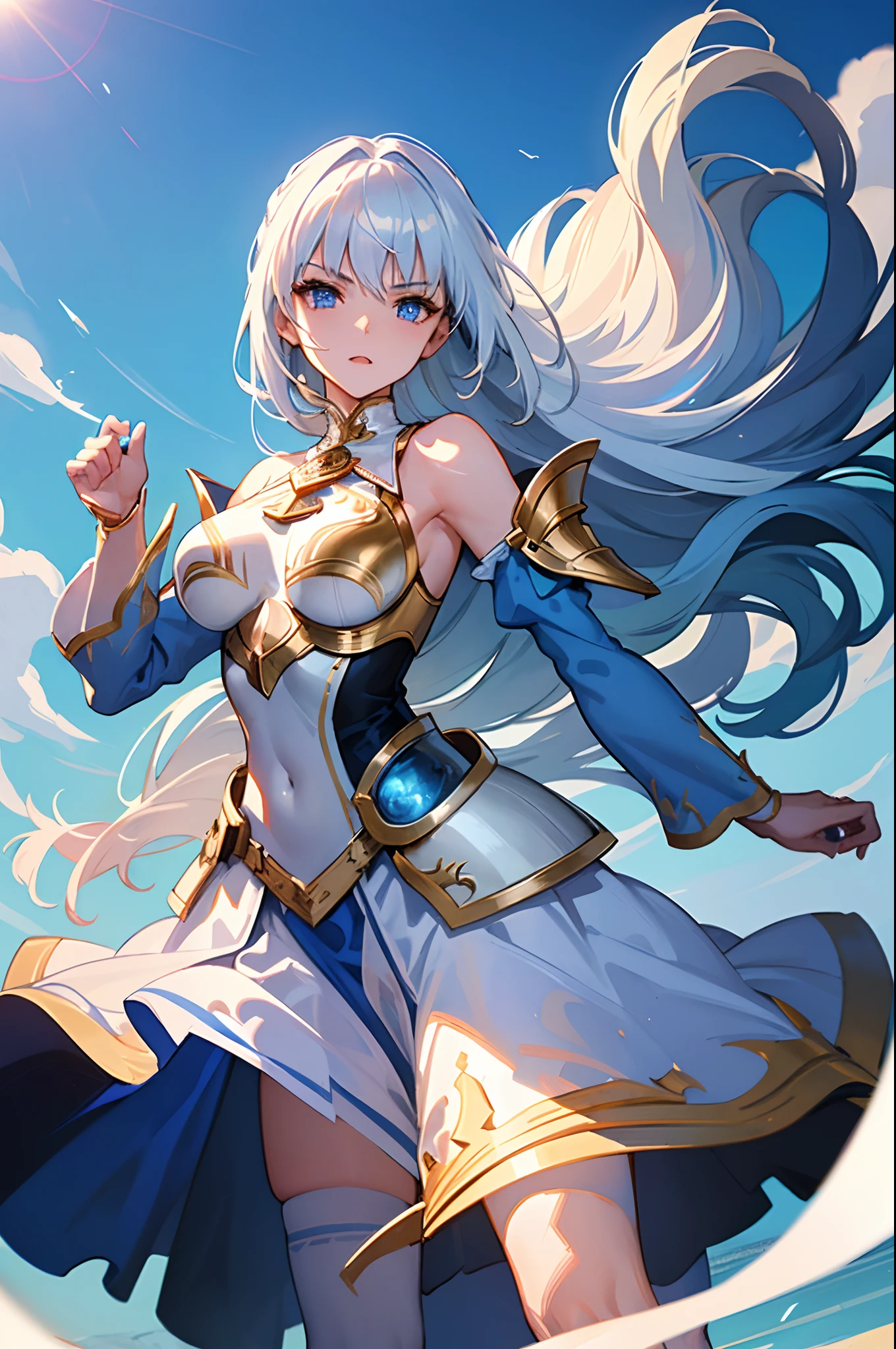 (masterpiece), (best quality), (ultra detailed face), beautiful face, perfect face, slim waist, stunning figure, one girl, long hair, (white hair with blue accent hair), ((long right bang)), ((asymmetrical hair)), blue eyes, ((white sleeves)), (white skirt), ((black stockings)), blue sky, clouds, on top of a ruin, (extremely high details), (long blue dress), knightly attire, warrioress, fire control, water control, (shining eyes), (fantasy breastplate), (fantasy breast armor), light armor, (white breast armor)), (bare shoulders), standing, battle mage concept, untied hair, ((blue and white dress with gold accents)), ornamental wrist armor, big breasts, sun on horizon, daytime, fierce pose, battle ready stance, magic wielding, magic chanting, magic circle on top of her right palm