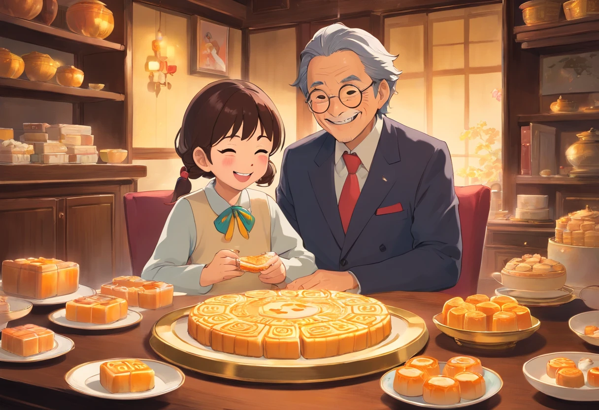 The whole family eats mooncakes at home,Dad was in a suit,Mom and child laugh together,colorful kids book illustration,White basemap,