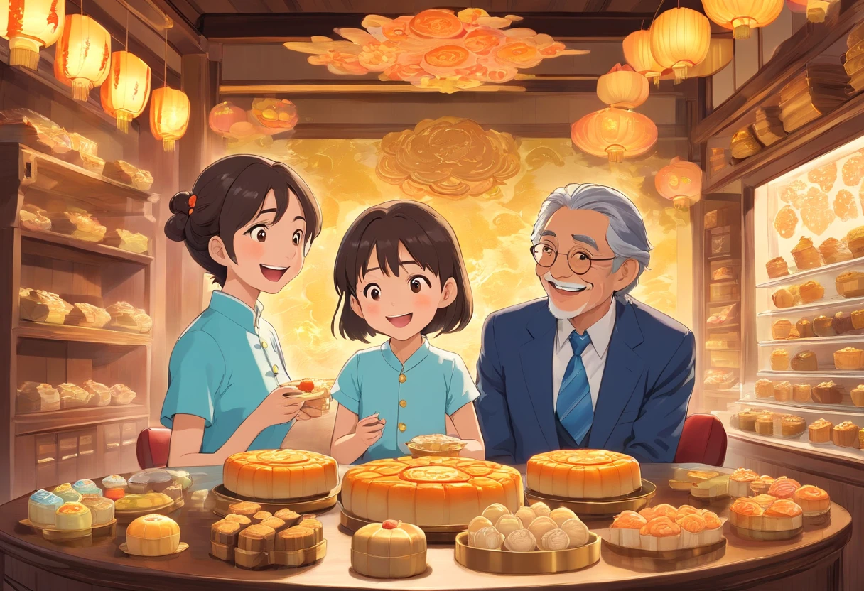 The whole family eats mooncakes at home,Dad was in a suit,Mom and child laugh together,colorful kids book illustration,White basemap,