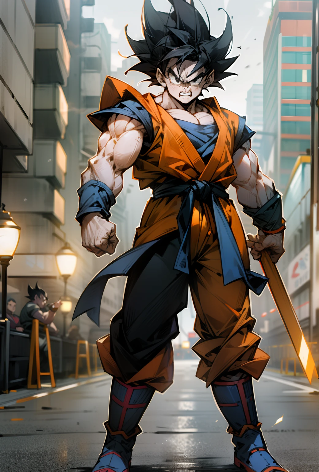 masterpiece, best quality, 2 characters, (goku and beerus), short hair, black hair, black eyes, blue boots, orange clothes, training, citybon the night, angry face, day, natural light, walking, angry eyes, black hair, strong muscles, movie composition, deth of field, bokeh, (futuristic), (full body), goku is pointing at beerus and challenges him for a battle. Angry