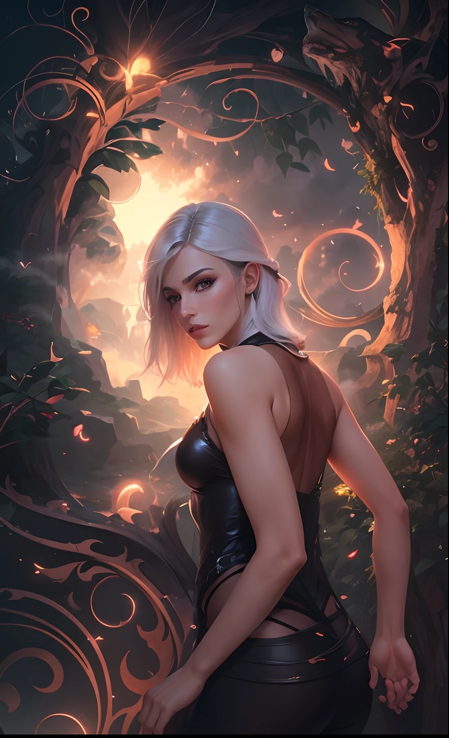 Poster estilo de baixa fantasia sombria uma garota em uma rua escura com um lobo enorme