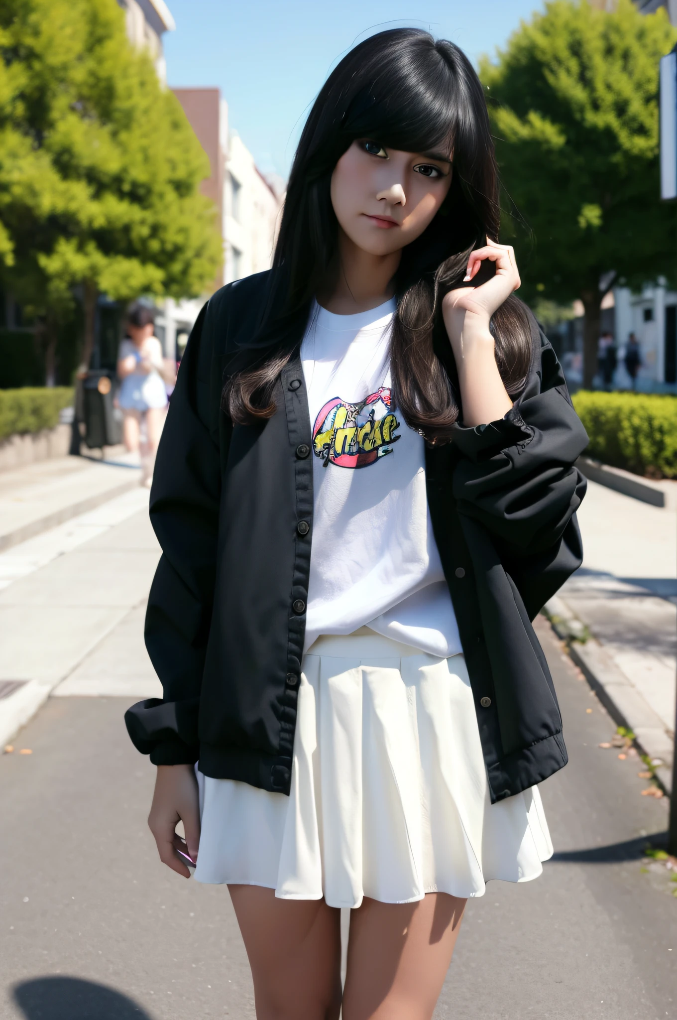 best quality, ultra-high res, (photorealistic:1.4), black hair, bangs, (oversized black jacket), white shirt, mini skirt, full body, looking_at_viewer. outdoor, busy street, white skin, bright skin