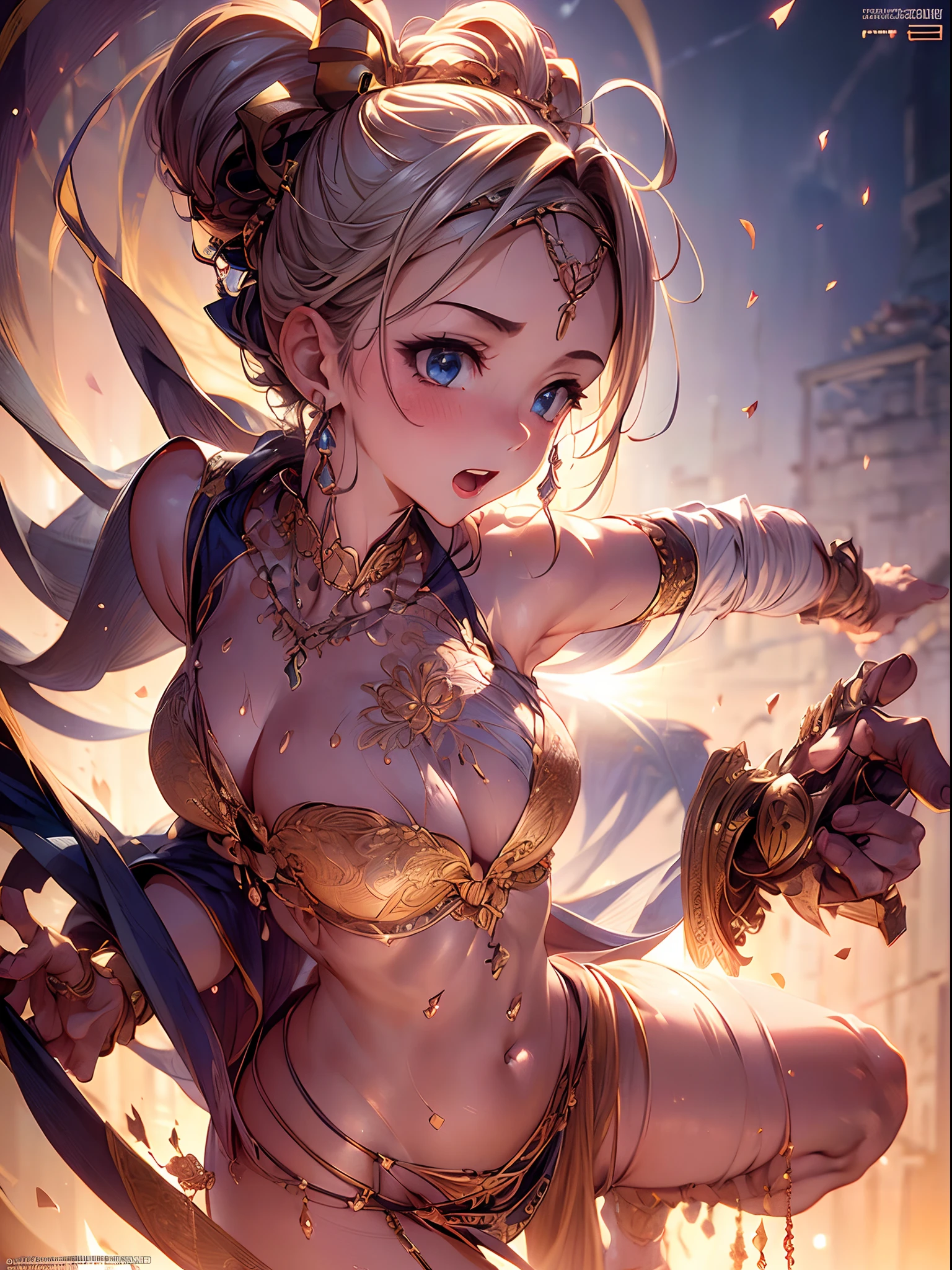 upper body, 1girl, (ninja), large breats, blush, bare shoulders, scarf, wallpaper, light particles, (anime, tone mapped:1.2), open mouth, looking at viewer, shirt, baseball ground, (symmetric), (exceptional, best aesthetic, new, newest, extremely detailed:1.2), best quality, masterpiece