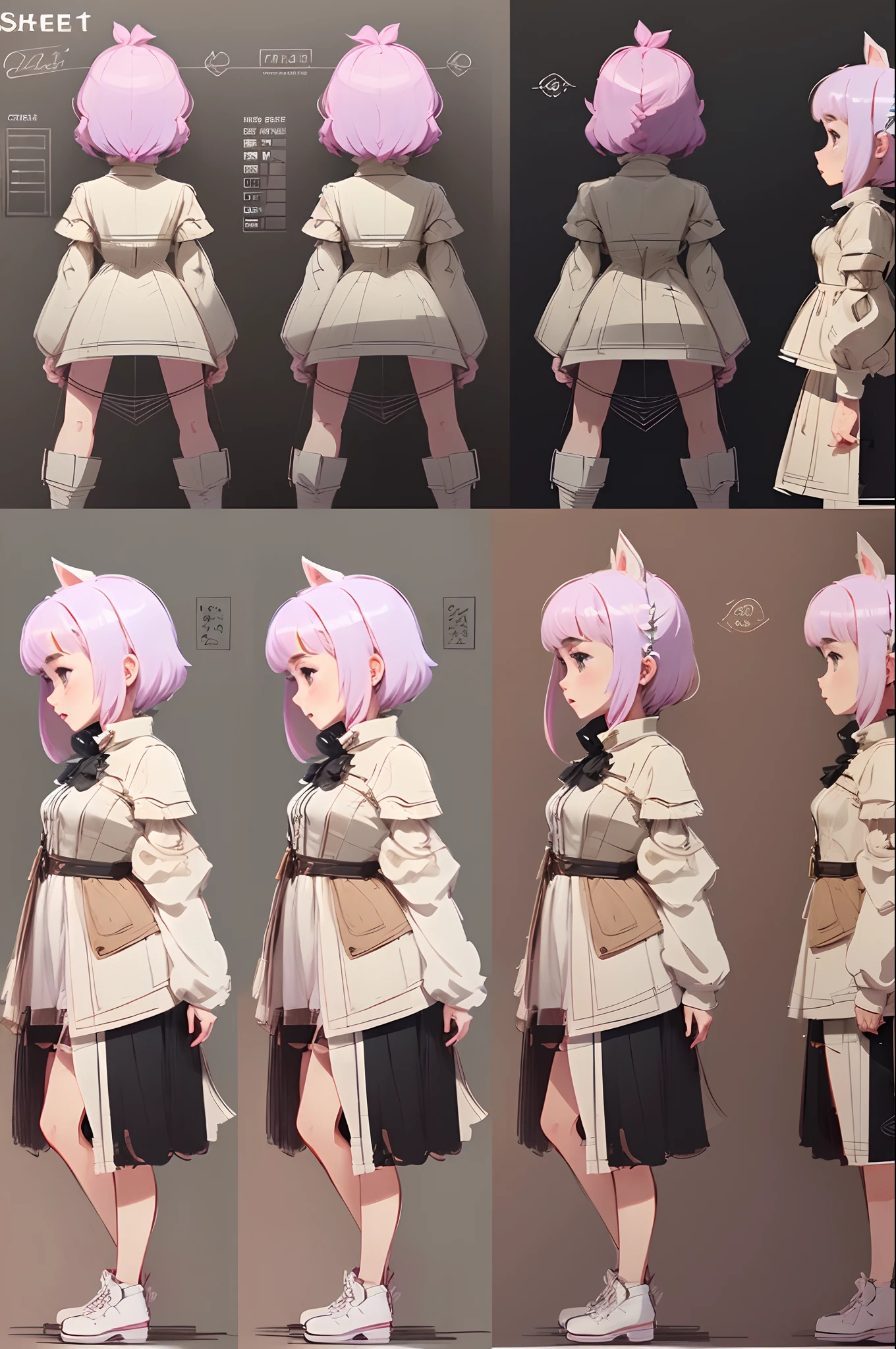 (Character Sheet:1.5),(Character Design for Animation:1.5), (Sketch:1.5,)(((One Girl face))), close up, reperence sheet, simple background, white background, girl, (side view), (white theme), chu,  pink color hair, bob hair, bangs.