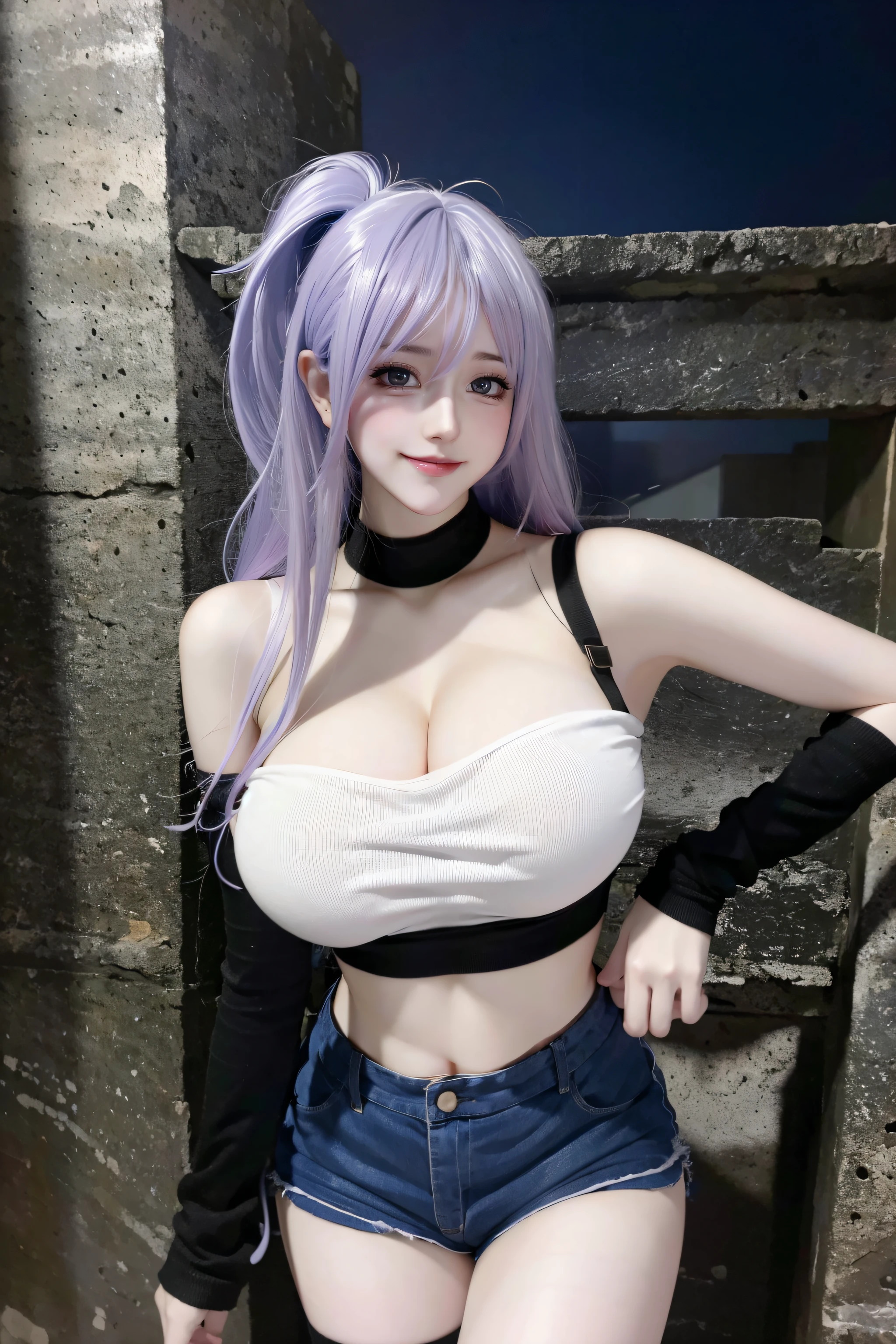 8k, RAW photo, hyperrealism, realistic, photorealistic, ultra_detailed, ultra sharp, ultra high res, 1girl,, (huge breasts:1.3), narrow waist, wide hips, , thighs, socks, smirk, night, outdoors, choker
