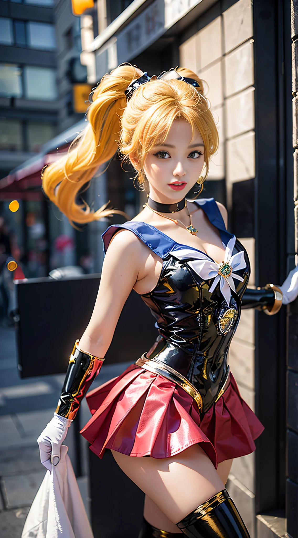 ((​masterpiece:1.4)、(top-quality:1.4)、(reallistic:1.7))、masuter piece:1.4、a beauty girl、(sailormoon:1.4)、Sexy female combat suit sticking to body、(latex shiny)、(The jacket is a white sleeveless sailor suit)、(Skirt is blue sexy ultra ultra mini skirt)、The collar of the sailor suit is blue with two thin lines.、Red cloth ornament at chest、(Wearing white gloves)、Kawaii Girl、Super beauty、foco nítido、Portrait photos、(Full body shooting:1.4)、beautiful countenance、beautidful eyes、Narrow waist、(Yellow hair:1.4)、poneyTail、Raw photo、red-lips、Red boots:1.4、a choker:1.4、a necklace:1.4、耳Nipple Ring:1.4、1 screen display、Outdoor landscape