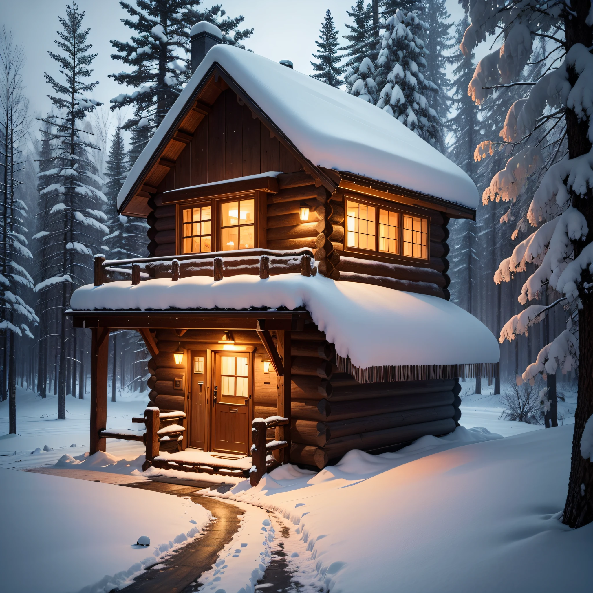 Cozy Cabin Ambiance:
The warm glow emanating from a cozy cabin amidst a snowy forest, evoking a sense of comfort and tranquility.