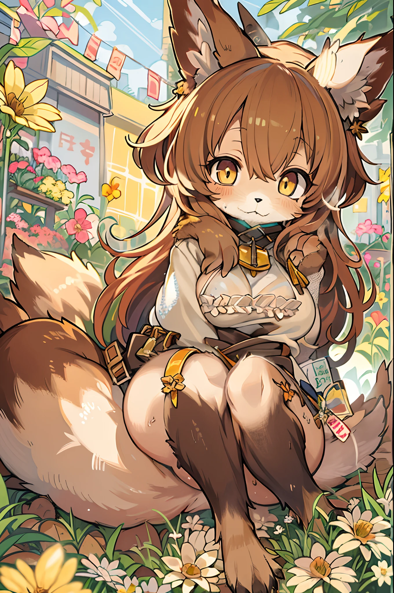 Fox, (Monster Girl), long brown ears with a dark brown inside,,,, brown fur, Sunburned neck fluff, brown fluffy tail with a yellow-brown tip,,,, Big brown eyes, wearing modest clothing, Sitting in the flower garden, masutepiece, Best Quality、Nanachi、bbw、huge-breasted