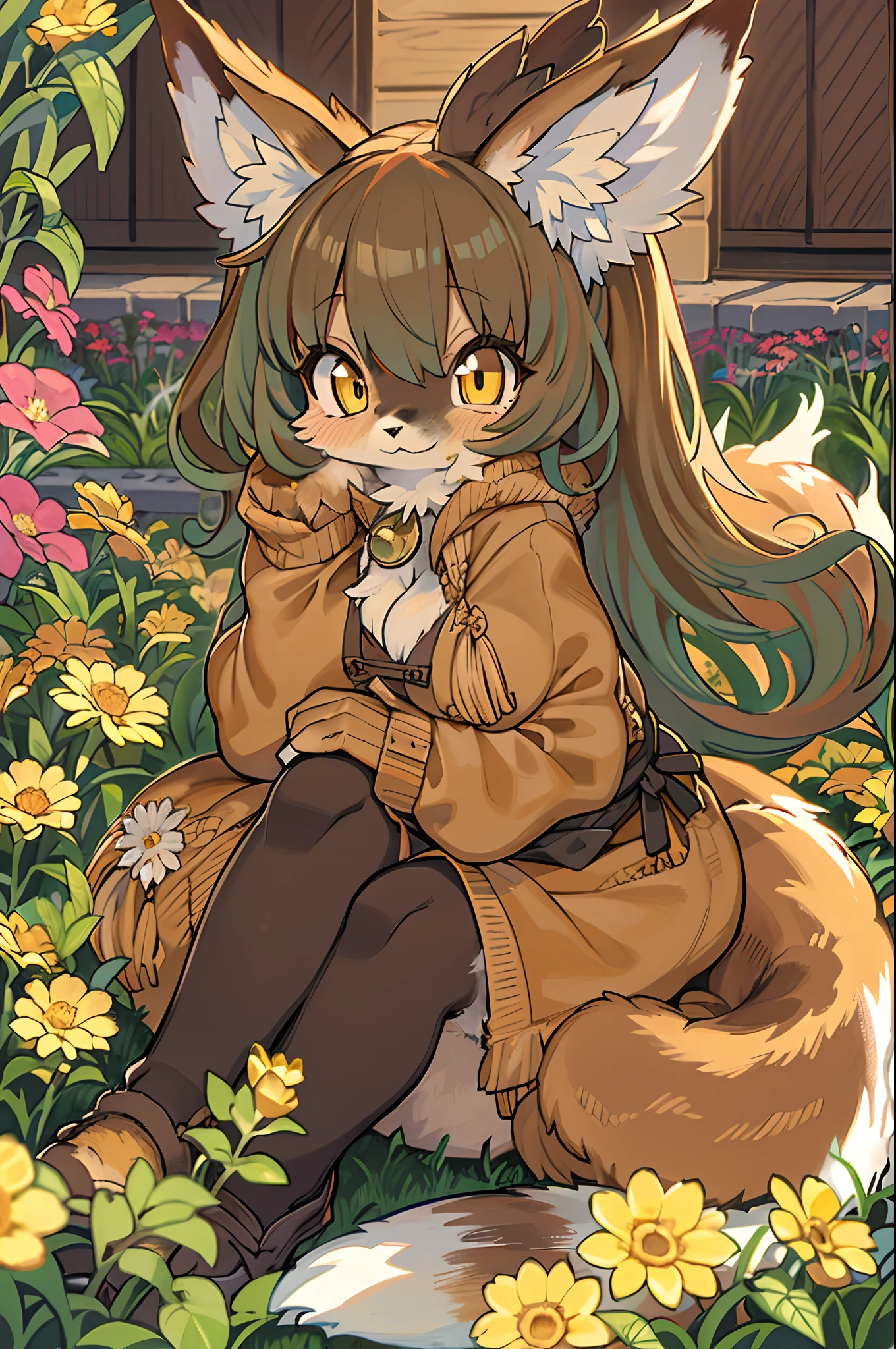 Fox, (Monster Girl), long brown ears with a dark brown inside,,,, brown fur, Sunburned neck fluff, brown fluffy tail with a yellow-brown tip,,,, Big brown eyes, wearing modest clothing, Sitting in the flower garden, masutepiece, Best Quality、Nanachi、bbw、huge-breasted