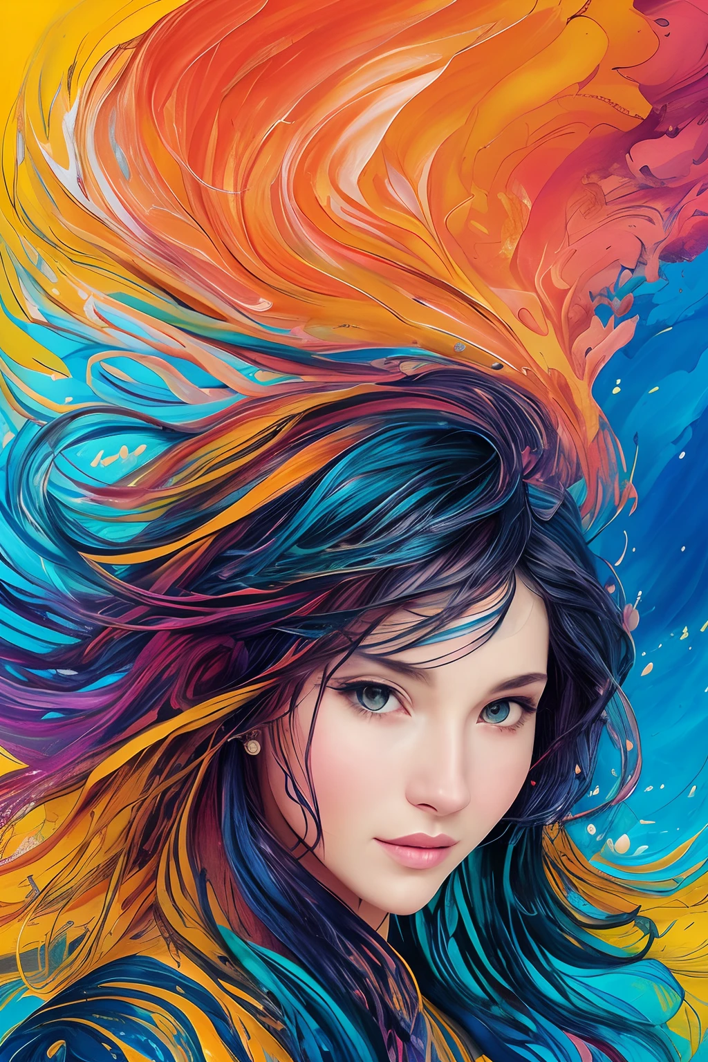 Colorful beautiful smiling Woman: a giru 30-years old, messy hair, oil painting, nice perfect face with soft skinice perfect face, blue yellow colors, light purple and violet additions, light red additions, intricate detail, splash screen, 8k resolution, masterpiece, cute face,artstation digital painting smooth veryBlack ink flow: 8k resolution photorealistic masterpiece: intricately detailed fluid gouache painting: by Jean Baptiste Mongue: calligraphy: acrylic: watercolor art, professional photography, natural lighting, volumetric lighting maximalist photoillustration: by marton bobzert:, complex, elegant, expansive, fantastical,  wavy hair, vibrant