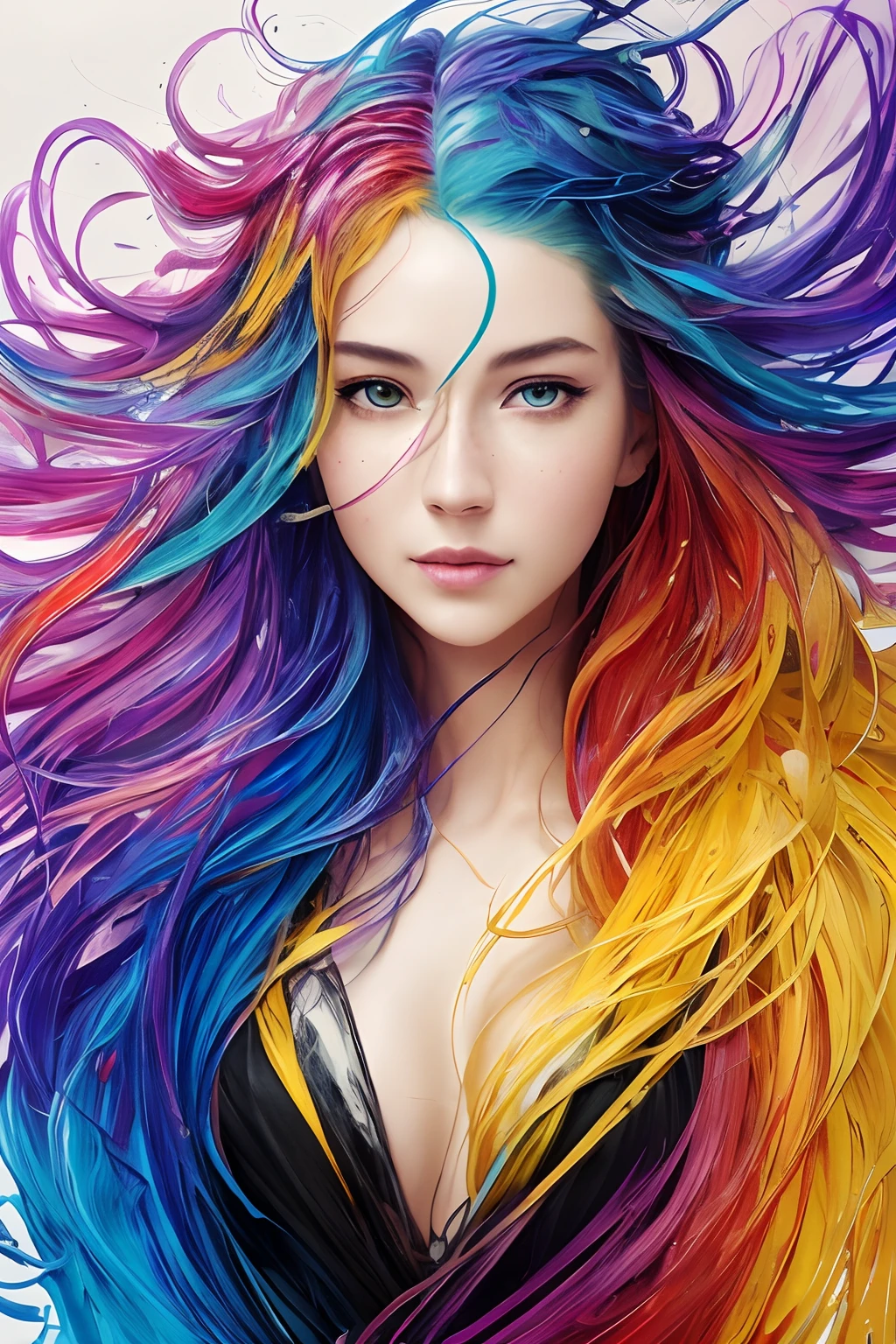 Colorful beautiful smiling Woman: a giru 30-years old, messy hair, oil painting, nice perfect face with soft skinice perfect face, blue yellow colors, light purple and violet additions, light red additions, intricate detail, splash screen, 8k resolution, masterpiece, cute face,artstation digital painting smooth veryBlack ink flow: 8k resolution photorealistic masterpiece: intricately detailed fluid gouache painting: by Jean Baptiste Mongue: calligraphy: acrylic: watercolor art, professional photography, natural lighting, volumetric lighting maximalist photoillustration: by marton bobzert:, complex, elegant, expansive, fantastical, wavy hair, vibrant