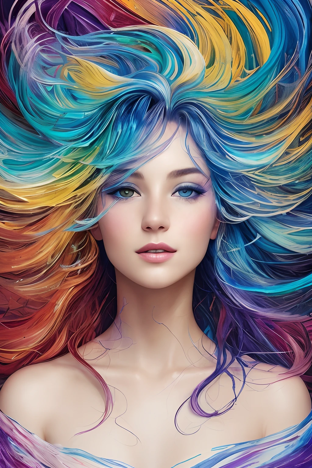 Colorful beautiful smiling Woman: a giru 30-years old, messy hair, oil painting, nice perfect face with soft skinice perfect face, blue yellow colors, light purple and violet additions, light red additions, intricate detail, splash screen, 8k resolution, masterpiece, cute face,artstation digital painting smooth veryBlack ink flow: 8k resolution photorealistic masterpiece: intricately detailed fluid gouache painting: by Jean Baptiste Mongue: calligraphy: acrylic: watercolor art, professional photography, natural lighting, volumetric lighting maximalist photoillustration: by marton bobzert:, complex, elegant, expansive, fantastical, wavy hair, vibrant